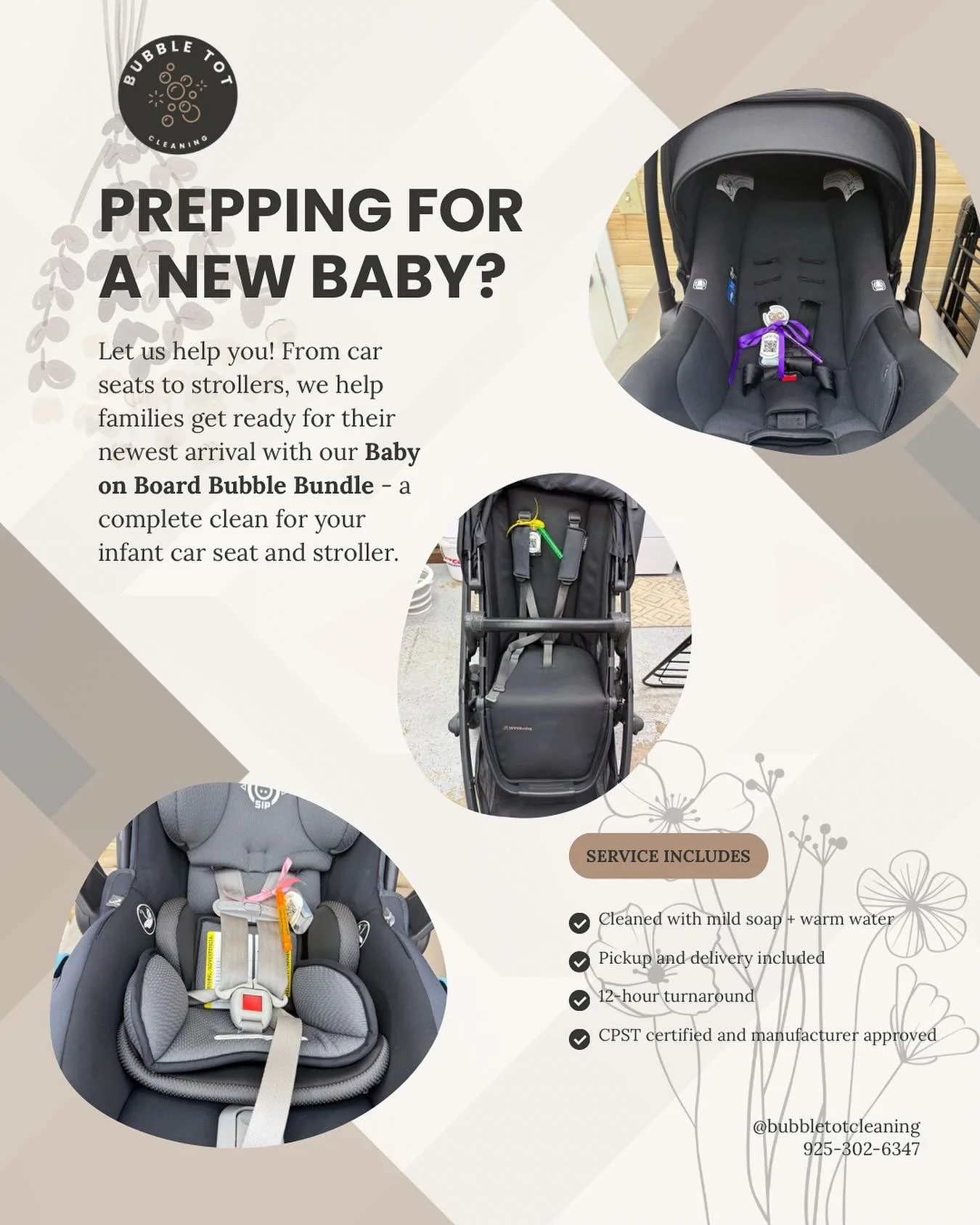 Prepping for a new baby? Let me help you! 🍼🫧
Our Baby On Board Bubble Bundle is made just for those expecting, a full clean for your infant car seat + stroller before your little one arrives.

✔️ Mild soap + warm water only
✔️ Pickup &amp; drop-off