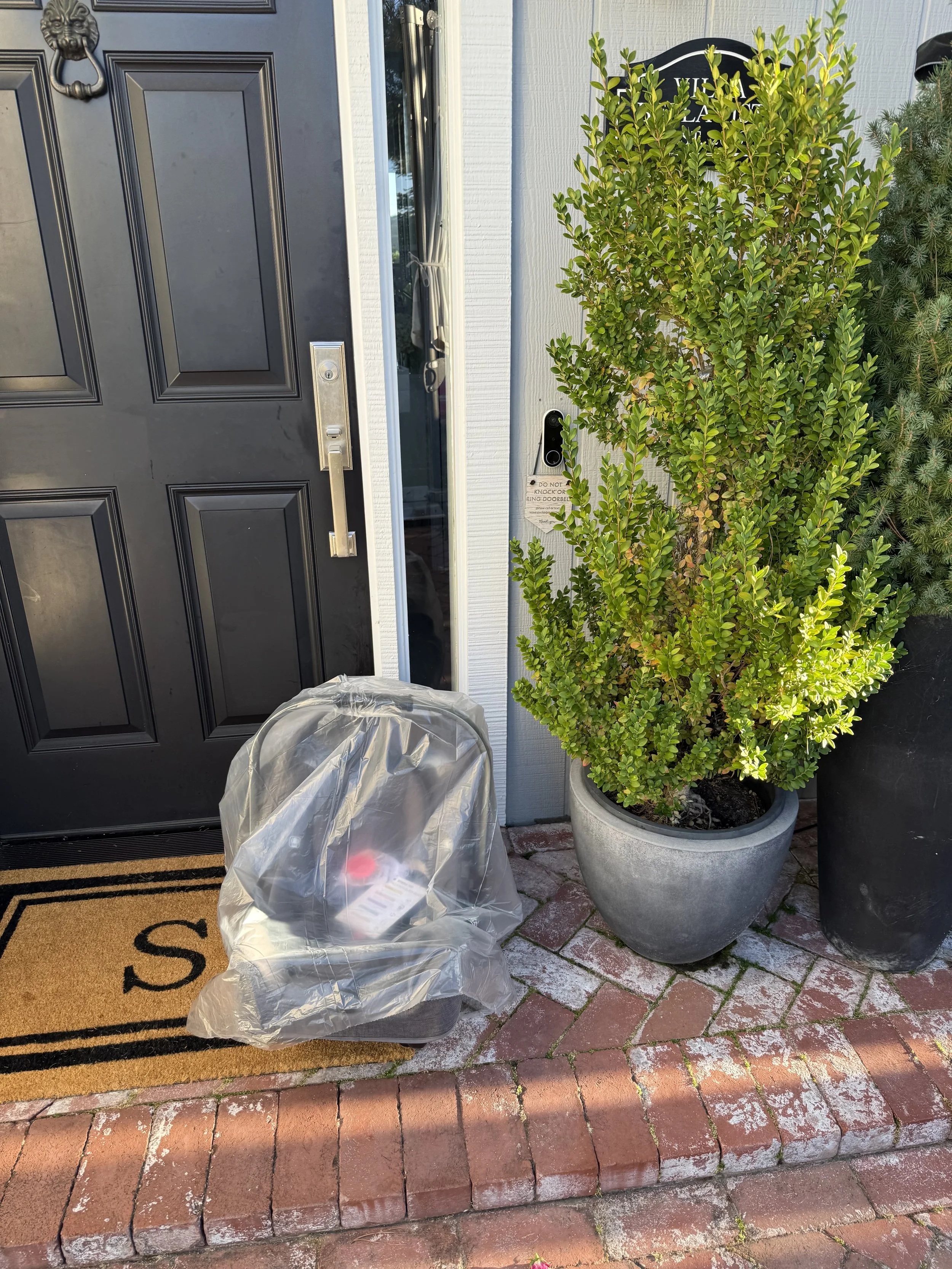 The front door of a house with a doormat, a large potted shrub, a car seat, and a small black device with a camera or sensor. The door is black with a silver handle, and there are two other shrubs or trees nearby.