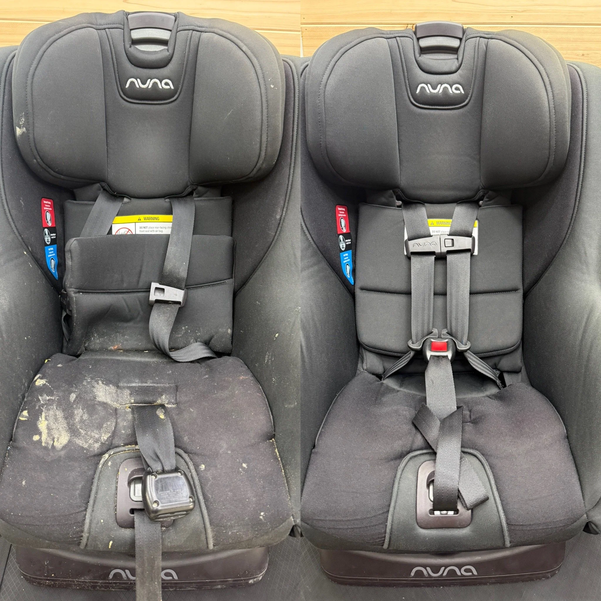 Two black Nuna brand car seats with attached harnesses are placed side by side on a black surface. The seats show some dirt and wear, with visible scuffs and stains. Before and after.