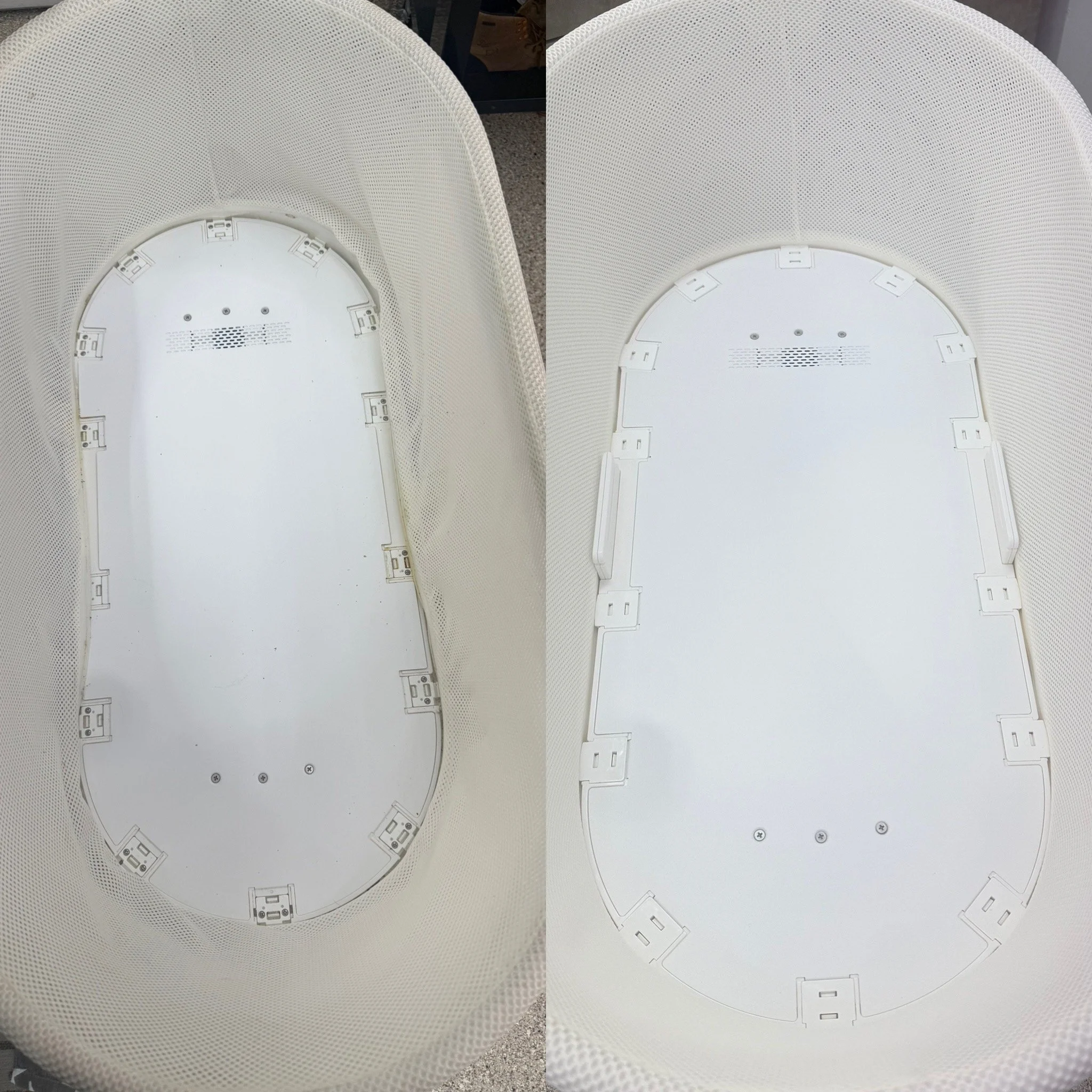 Close-up of the inside of two SNOOs side by side (before and after) showing the mounting plates or hardware on the underside.