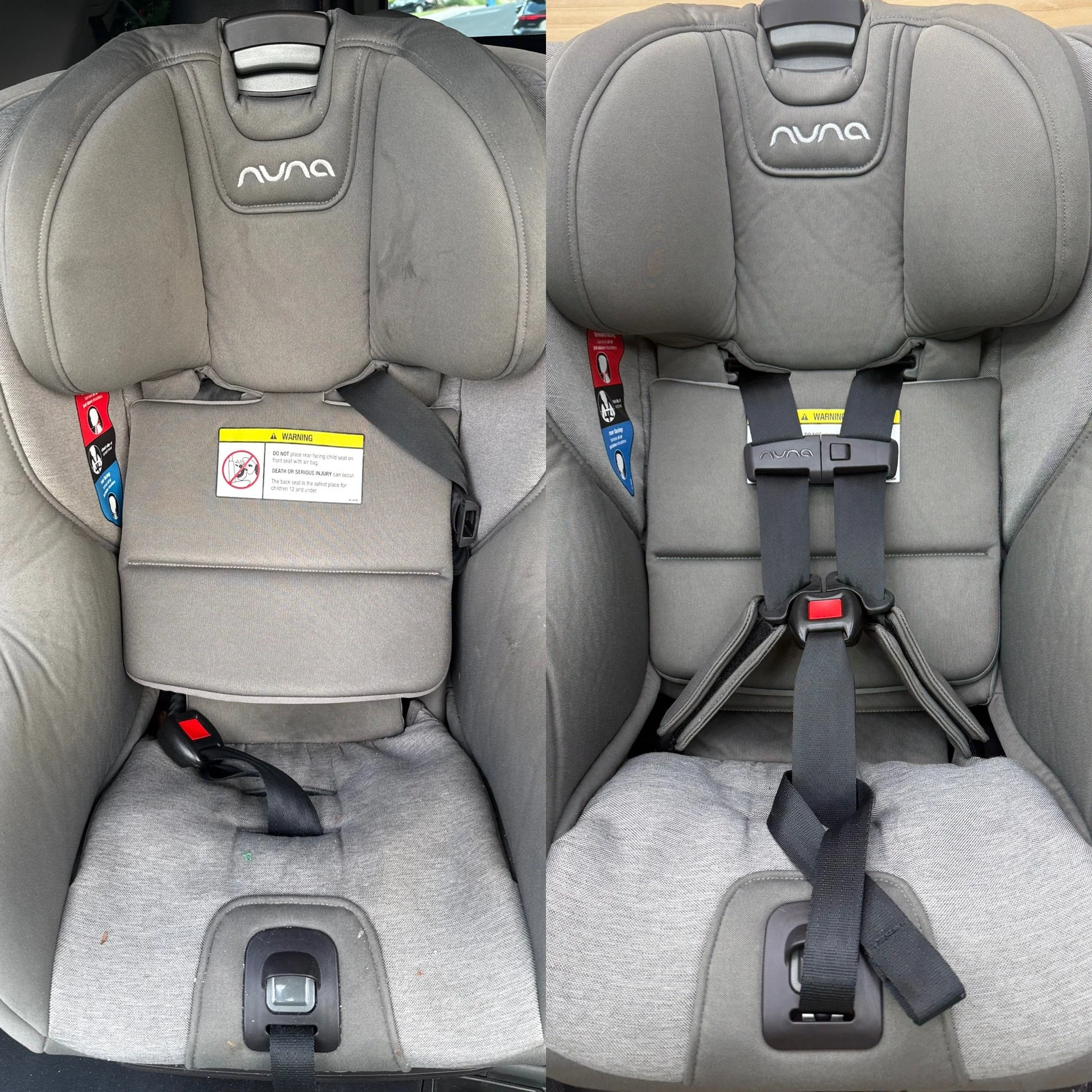 View of gray Nuna baby car seats side by side. On the left, dirty. On the right, clean.