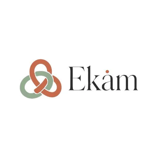 Logo with interconnected green and orange loops and the word 'Ekam' in black text.