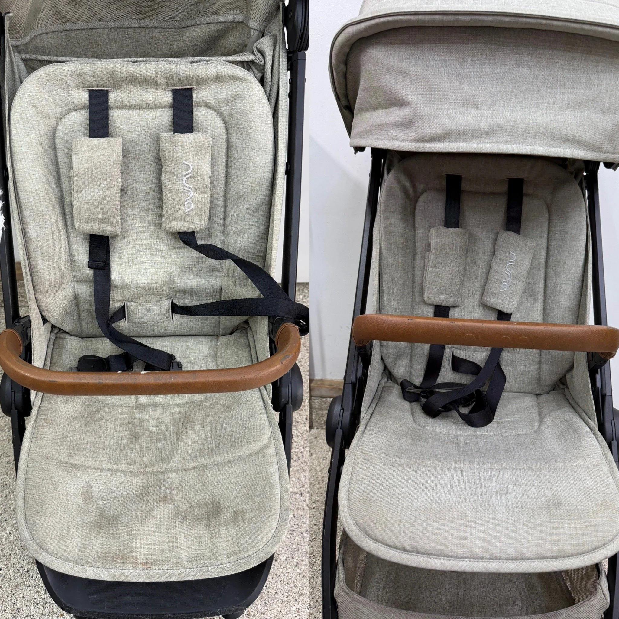 Two beige strollers side by side, with the left one featuring a black frame and a brown handlebar, and the right one with a black frame and a wooden handlebar. Both strollers have fabric seats and adjustable straps. Before and after photos. 