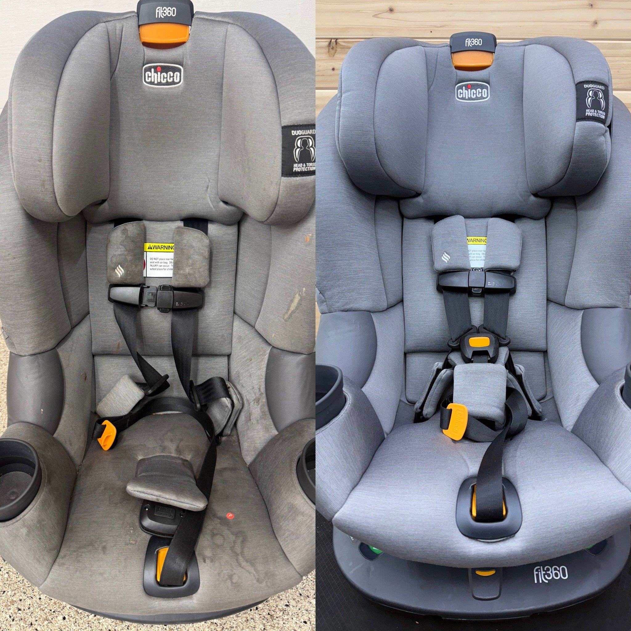 Two gray child car seats side by side. The left seat has a black safety label at the bottom, and the right seat has a yellow safety button at the bottom. Both seats have similar design features, including head protection and harness straps, with the 