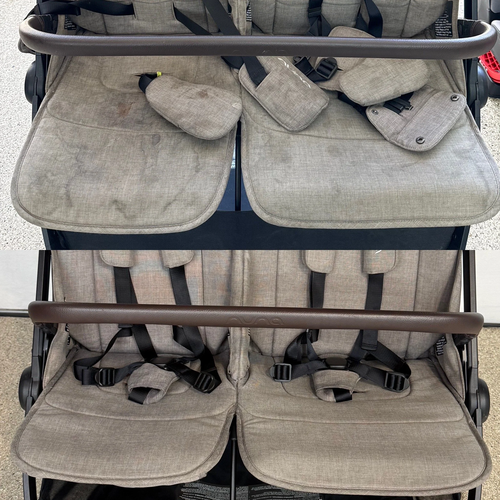 A double stroller with two beige fabric seats, each with multiple black harness straps, headrests, and footrests. The top image is dirty before photo and the bottom image is the after clean photo.