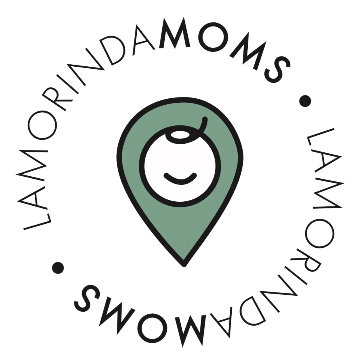 Logo for LAMORINDA Moms, featuring a smiling baby's face inside a green location pin, with text circling around reading 'LA Moms' and 'Landover'.