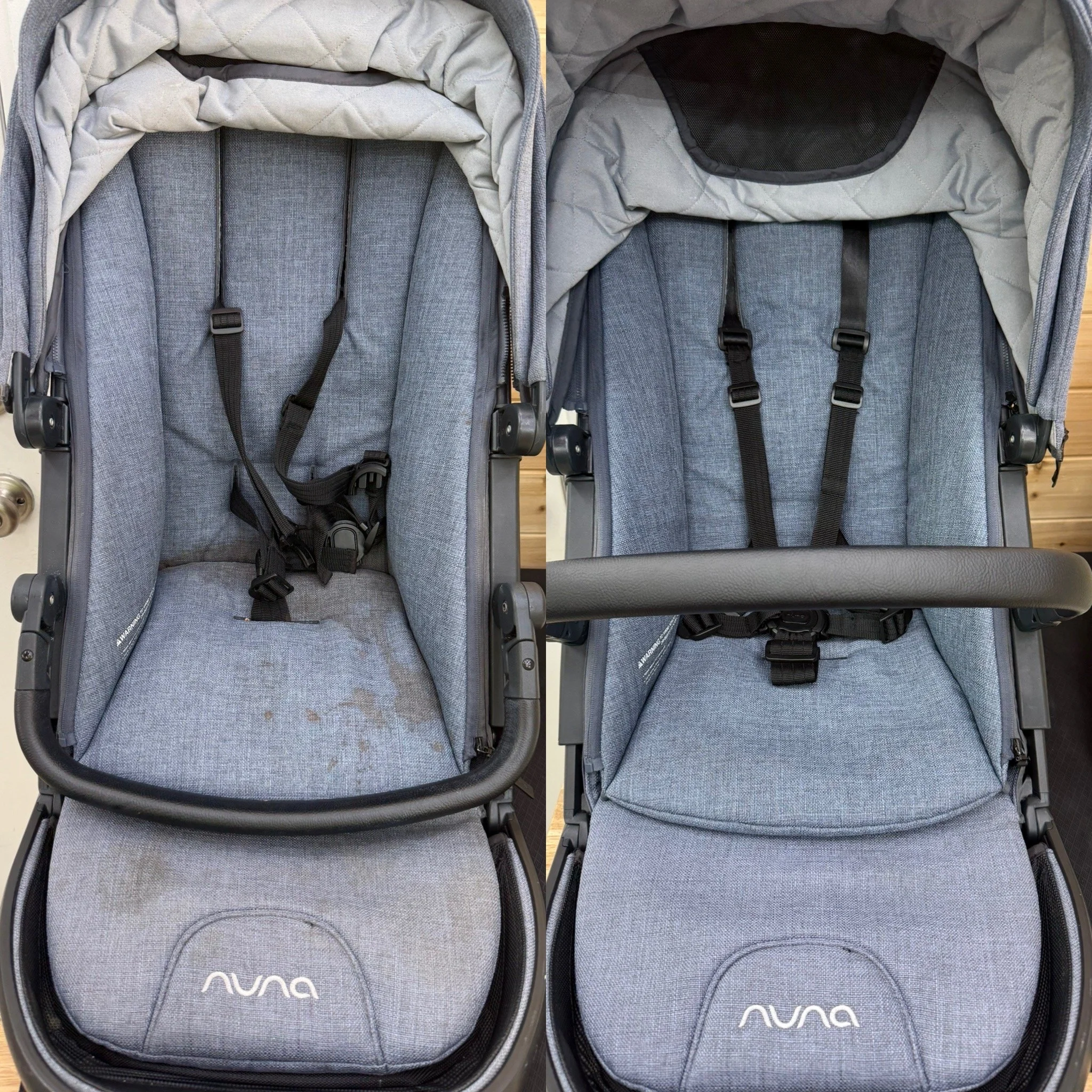 Comparison of a dirty and a clean Nuna baby stroller blue fabric interior and black frame, shown from above.