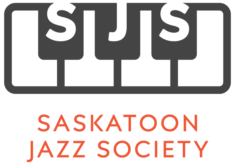 Logo for the Saskatoon Jazz Society featuring a stylized treble clef and musical notes above the society's name.