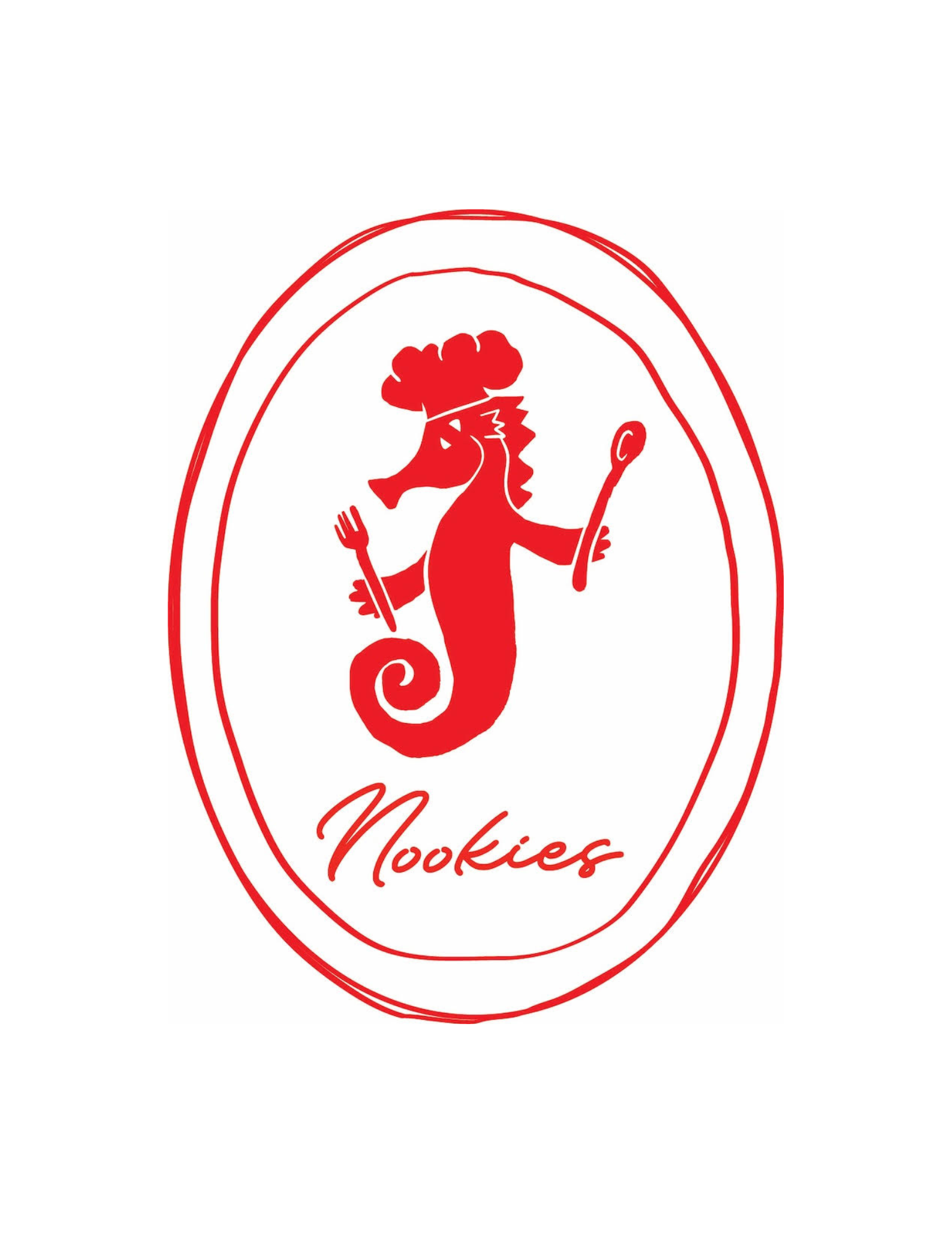 Red logo of a seahorse wearing a chef's hat, holding a fork and a spoon, with the word 'Nookies' written below.