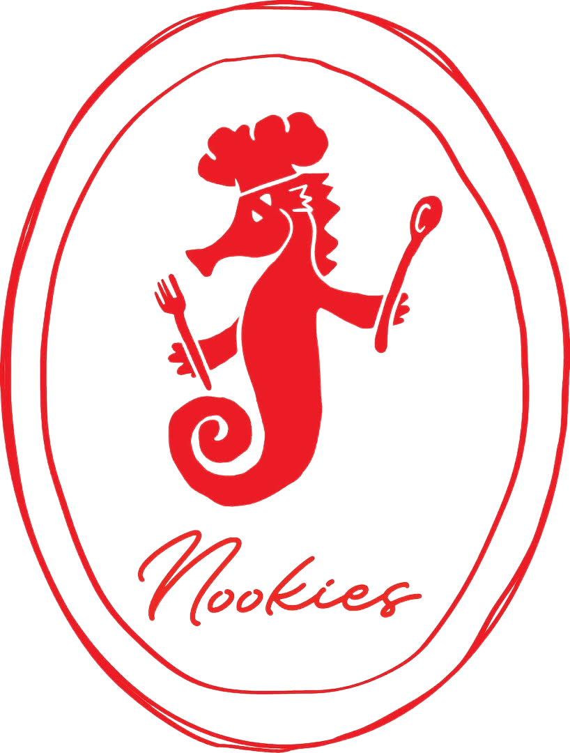 Red logo with a seahorse wearing a chef's hat, holding a fork in one fin and a spoon in the other, with the word 'Nookies' written below.