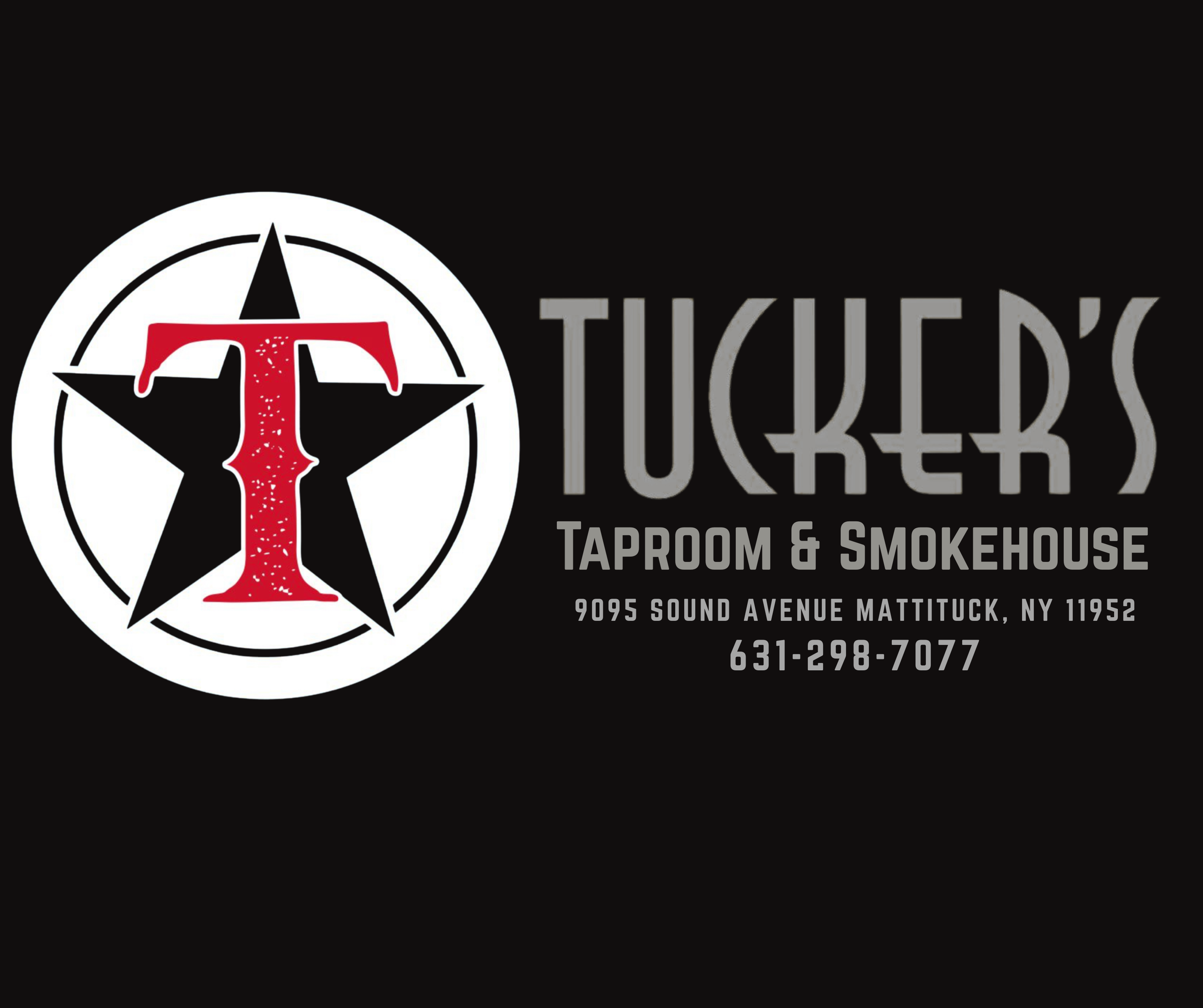 Logo for Tucker's Taproom & Smokehouse, featuring a red letter 'T' within a black star and white circle, with contact details and address in gray text on a black background.