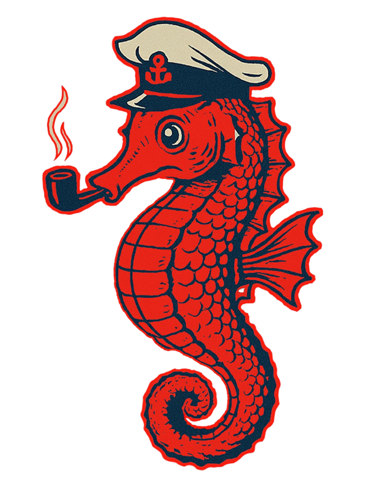 A red seahorse wearing a navy captain's hat with an anchor emblem, smoking a pipe.
