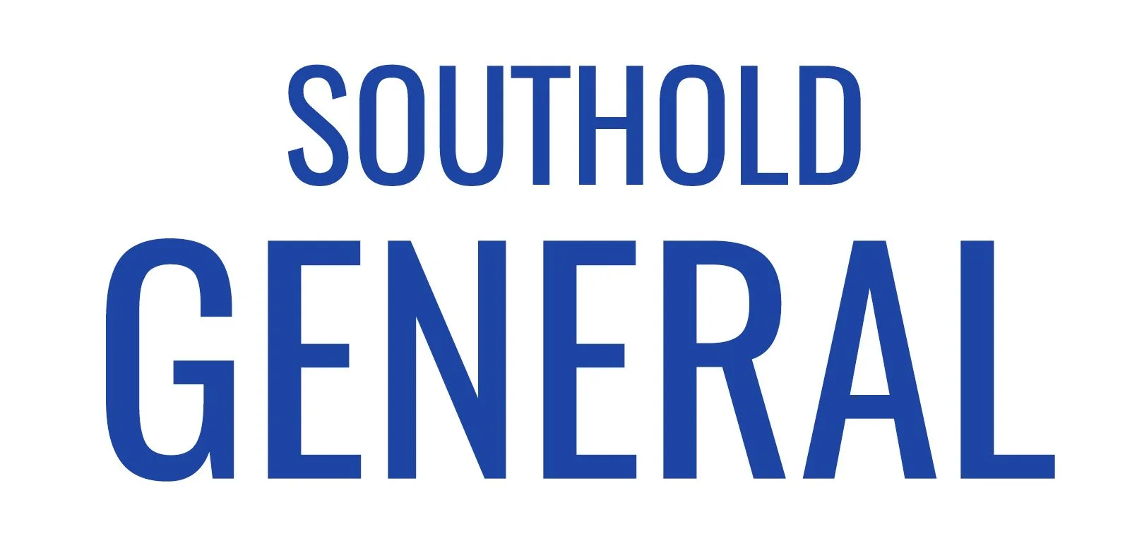 Sign with the words 'SOUTHOLD' and 'GENERAL' in blue text on a white background.