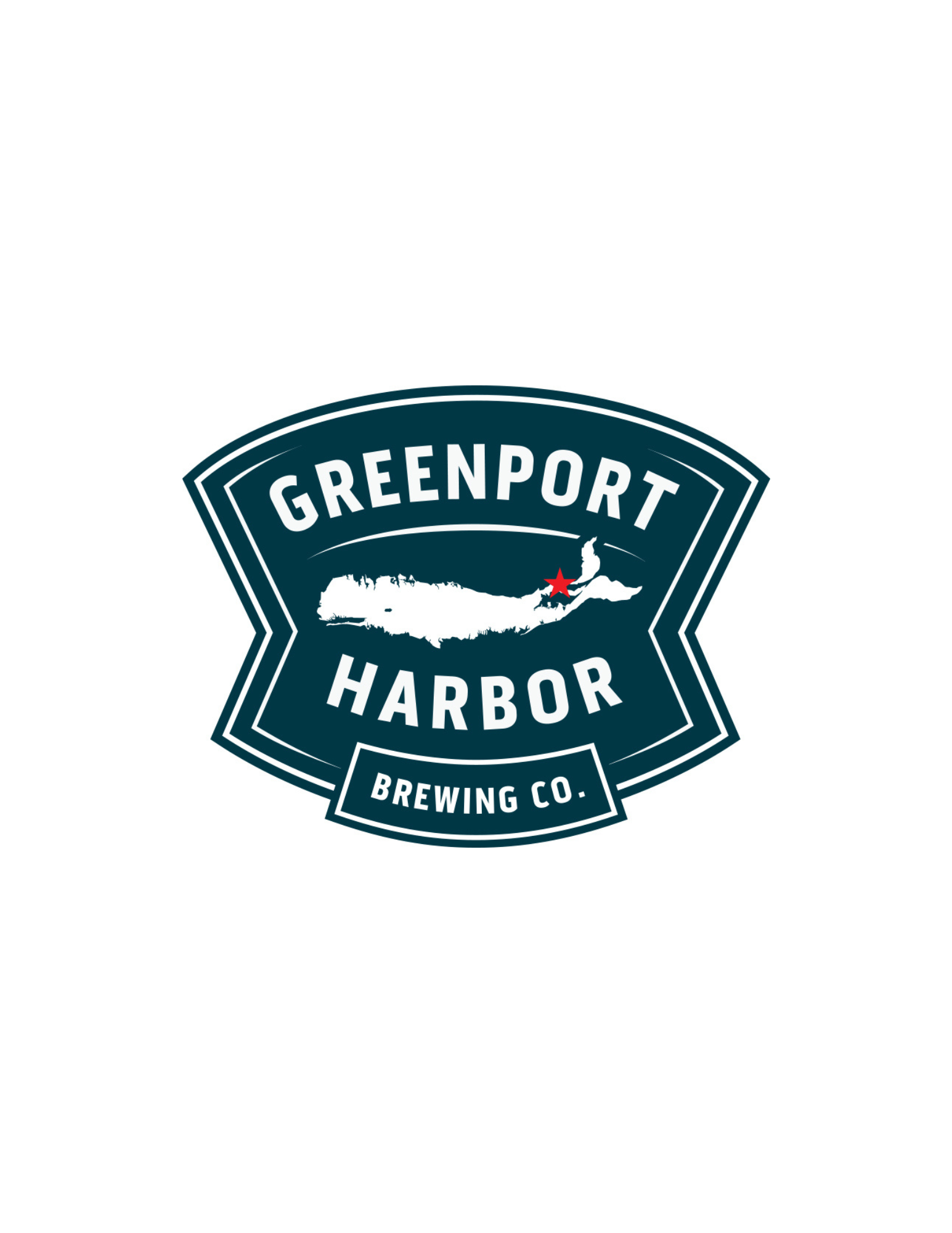 Logo of Greenport Harbor Brewing Co. with a map of Long Island and a red star marking a location.