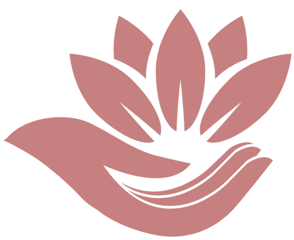 A stylized illustration of a hand holding a blooming lotus flower.