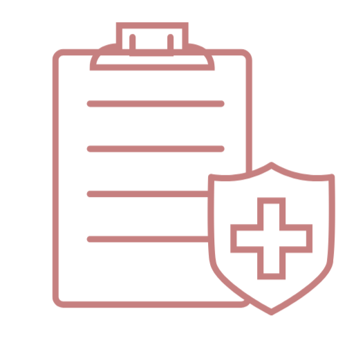 Outline of a clipboard with a medical shield and cross symbol.