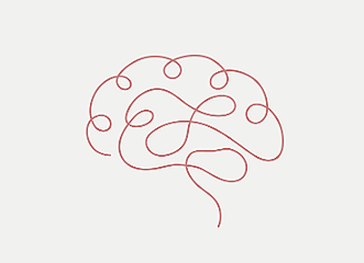 A single red thread tangled into a decorative, looping pattern on a white background.