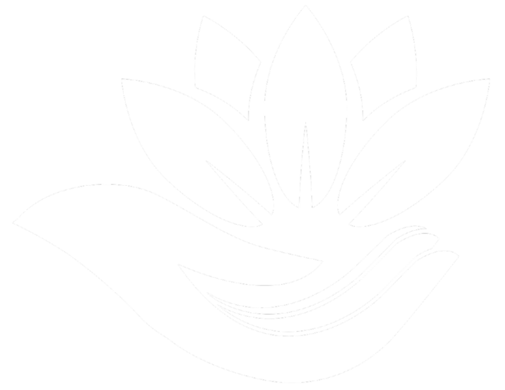 A black and white logo of a hand holding a blooming flower with multiple petals.