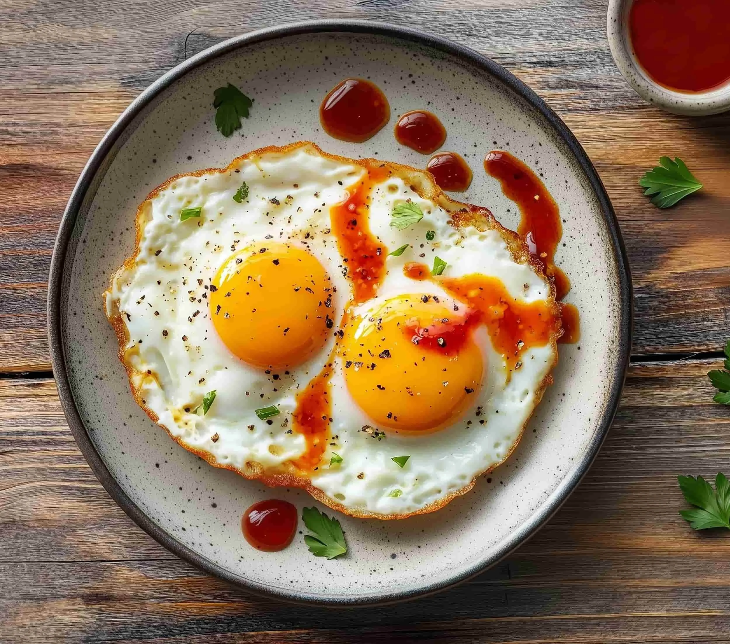 Eggs flavored with DIY Hot Sauce on a plate with a side of DIY Hot sauce
