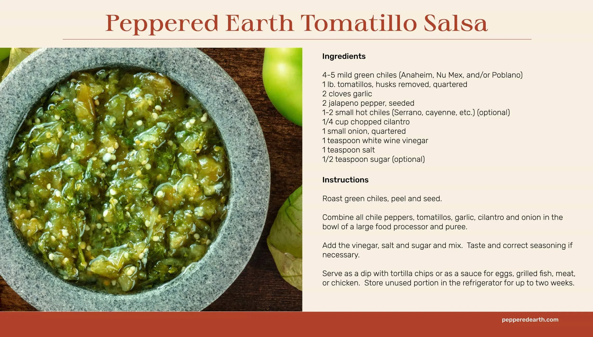 Recipe card for Peppered Earth Tomatillo Salsa