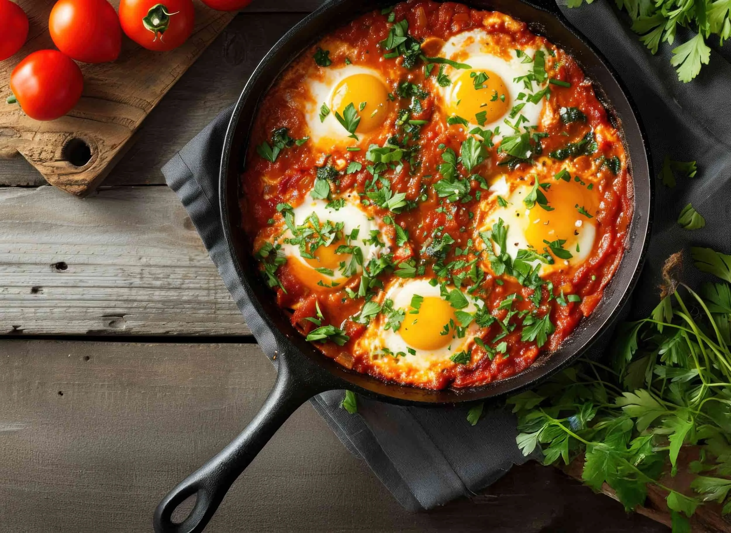 Cast iron skillet of poached eggs in spicy red pepper tomato sauce garnished with fresh herbs
