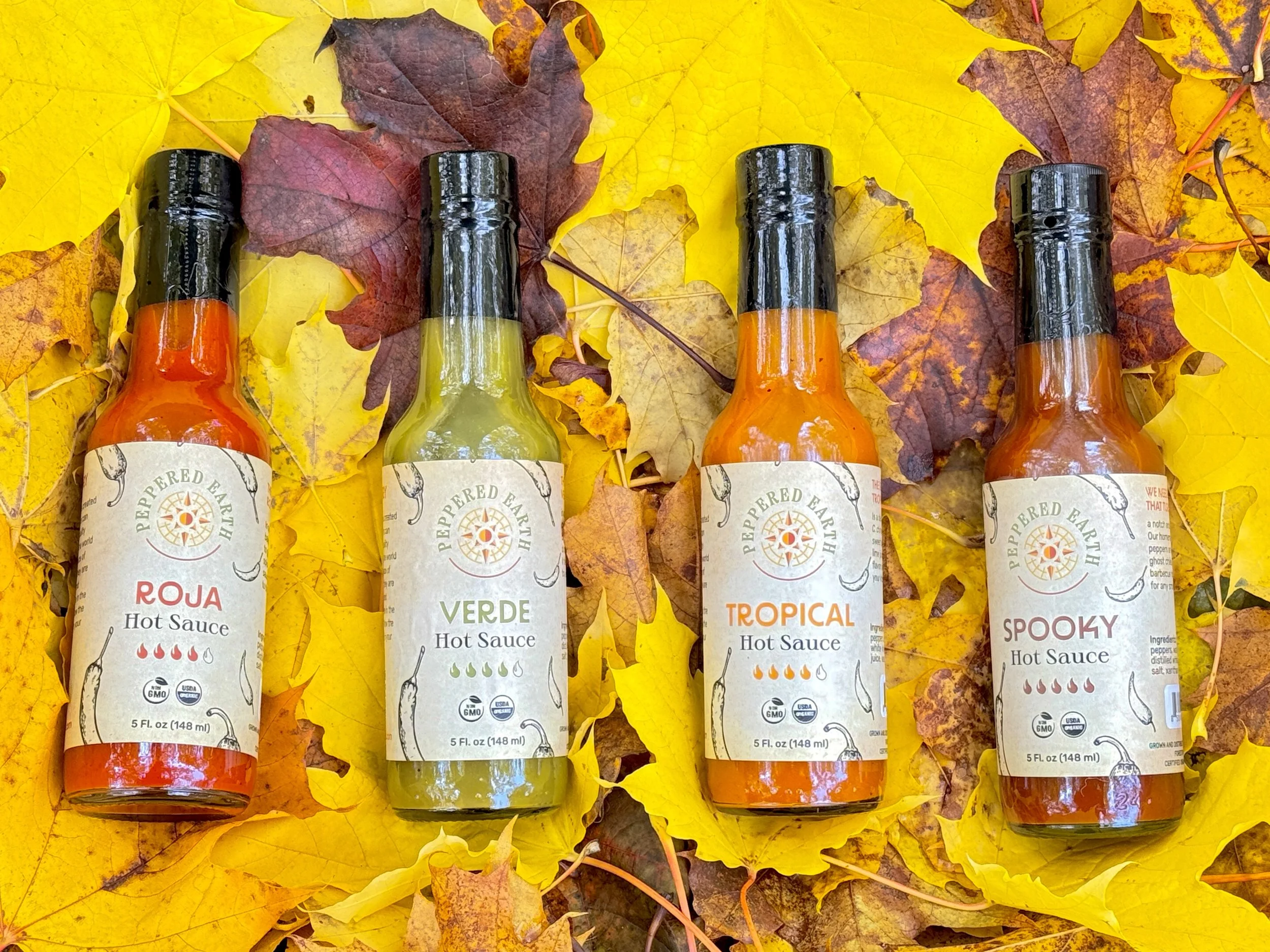 Four bottles of hot sauce labeled Peppered Earth with different flavors: Roja, Verde, Tropical, Spooky, placed on yellow autumn leaves.