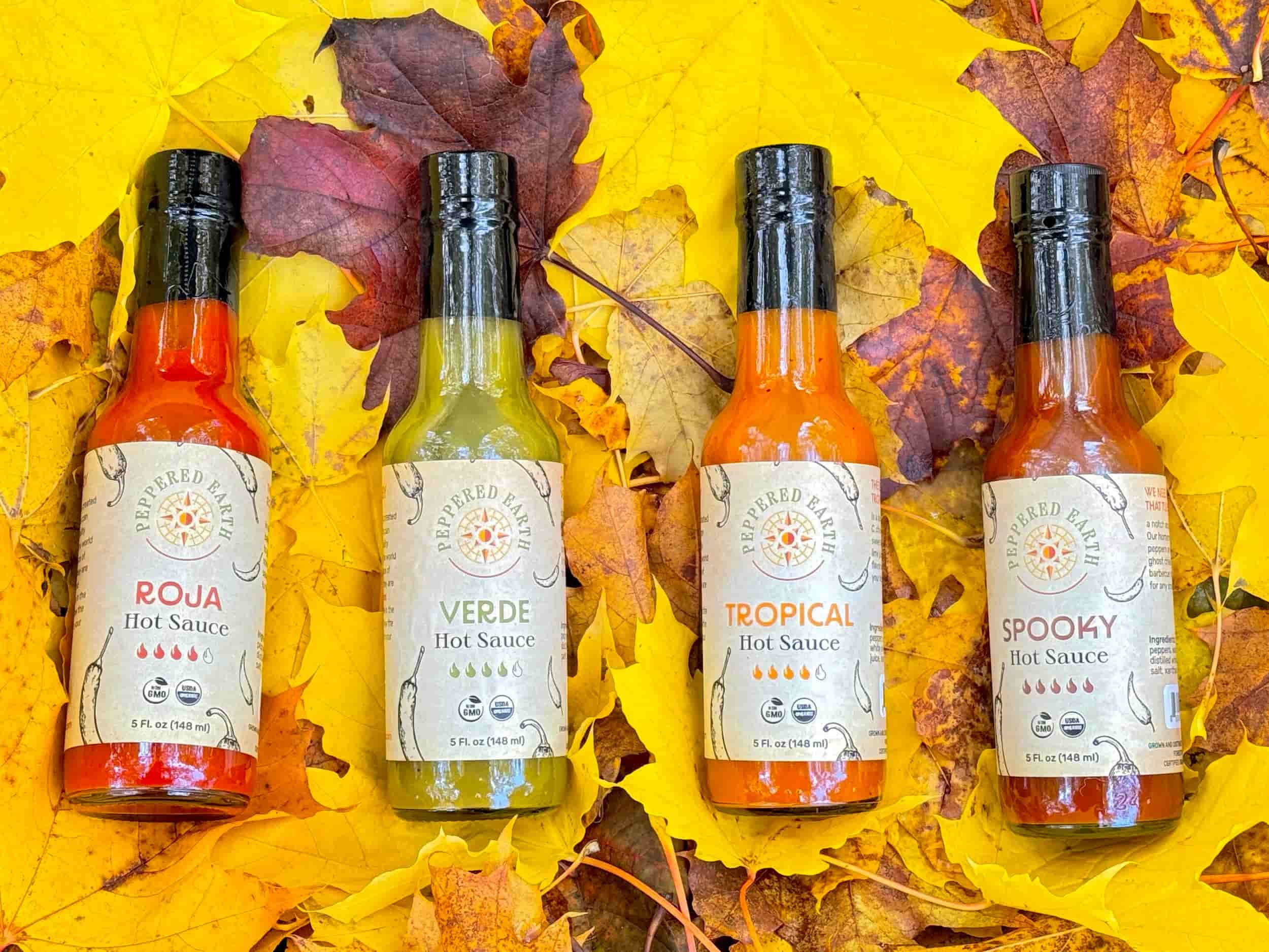 Four bottles of Peppered Earth organic hot sauce resting on colorful autumn leaves