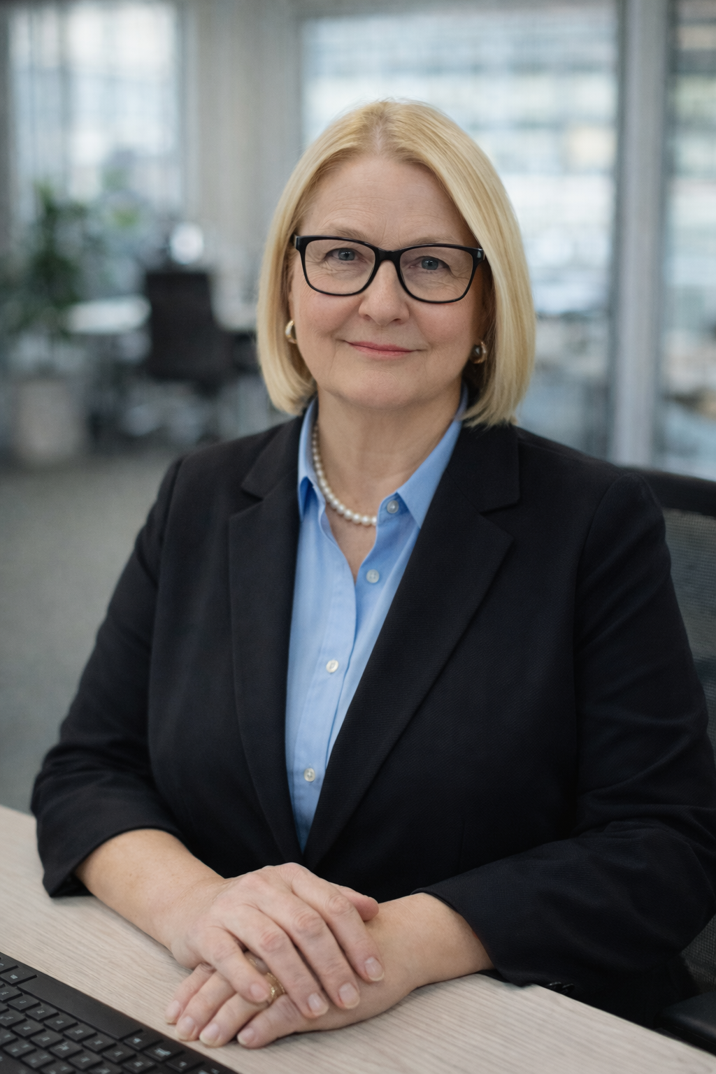A professional woman with blonde hair, glasses, and a pearl necklace sits at a desk in an office with large windows and cityscape in the background.