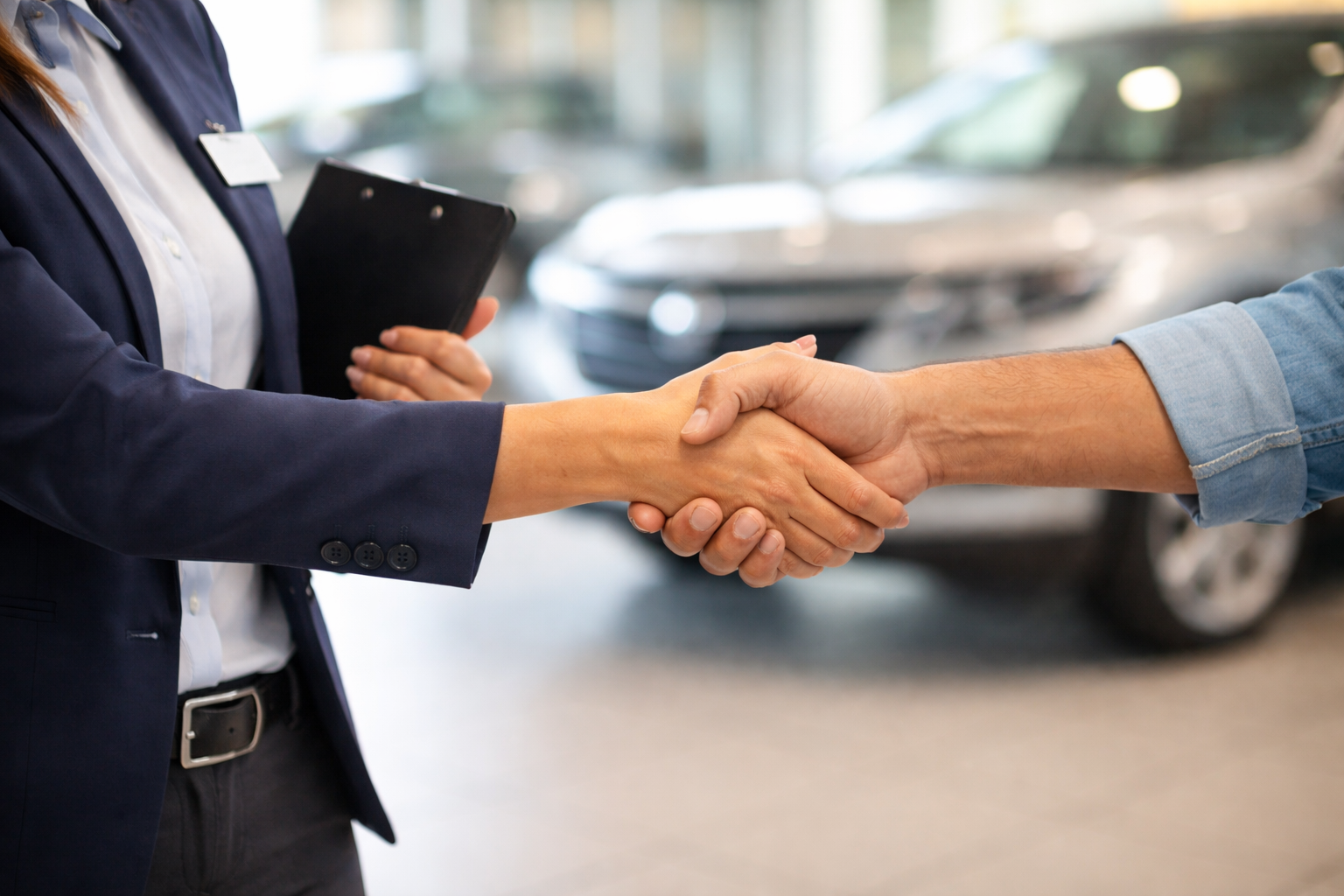 Two people shaking hands outdoors with a blurred green background.