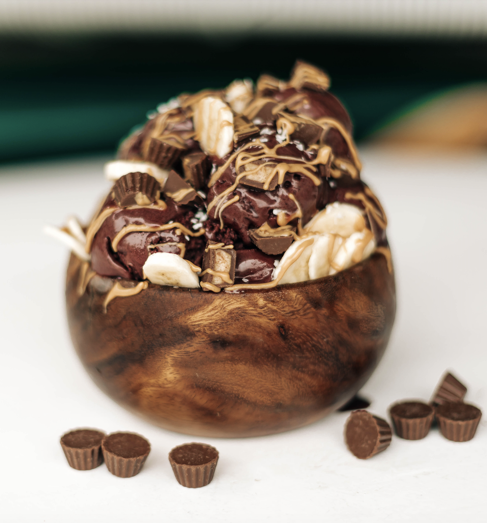 The PB Bowl, açaí topped with banana, peanut butter cups and peanut butter drizzle