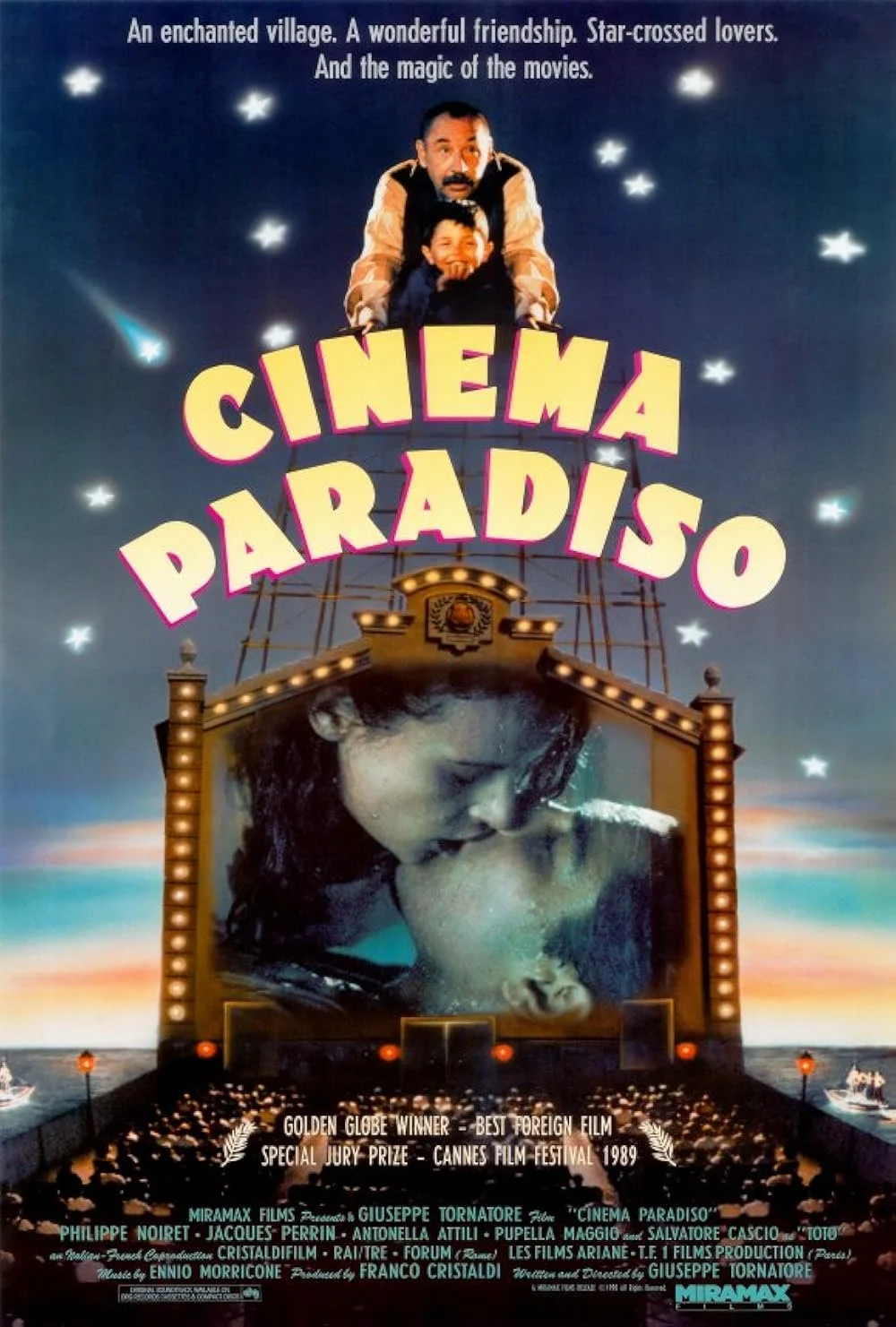 A movie poster for 'Cinema Paradiso' featuring a ferris wheel with the film's title and images of a woman and a child kissing, surrounded by stars and a sunset over water.