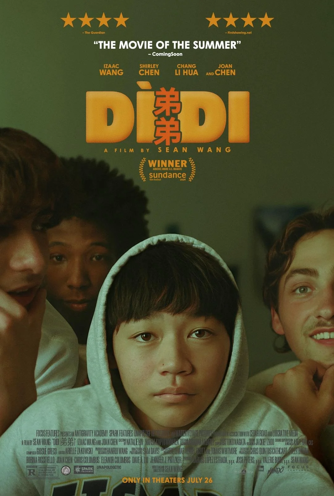 Poster for the film 'DIDI' directed by Sean Wang, featuring four young people, with the central figure being an Asian boy in a hoodie. The poster indicates the film's release date, July 26, and includes comments about awards and festival recognition.
