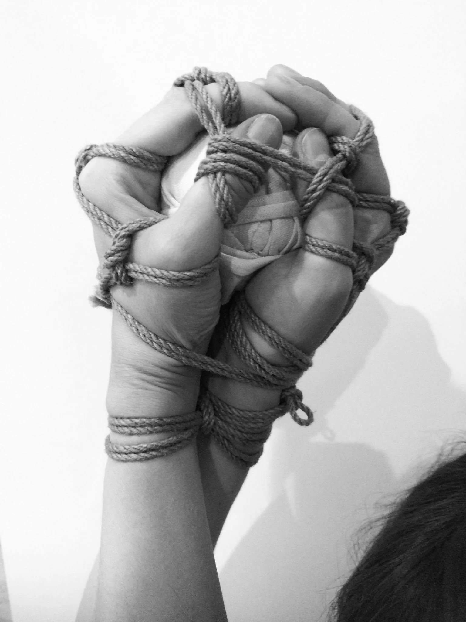 A clenched fist wrapped tightly with multiple strands of rope.