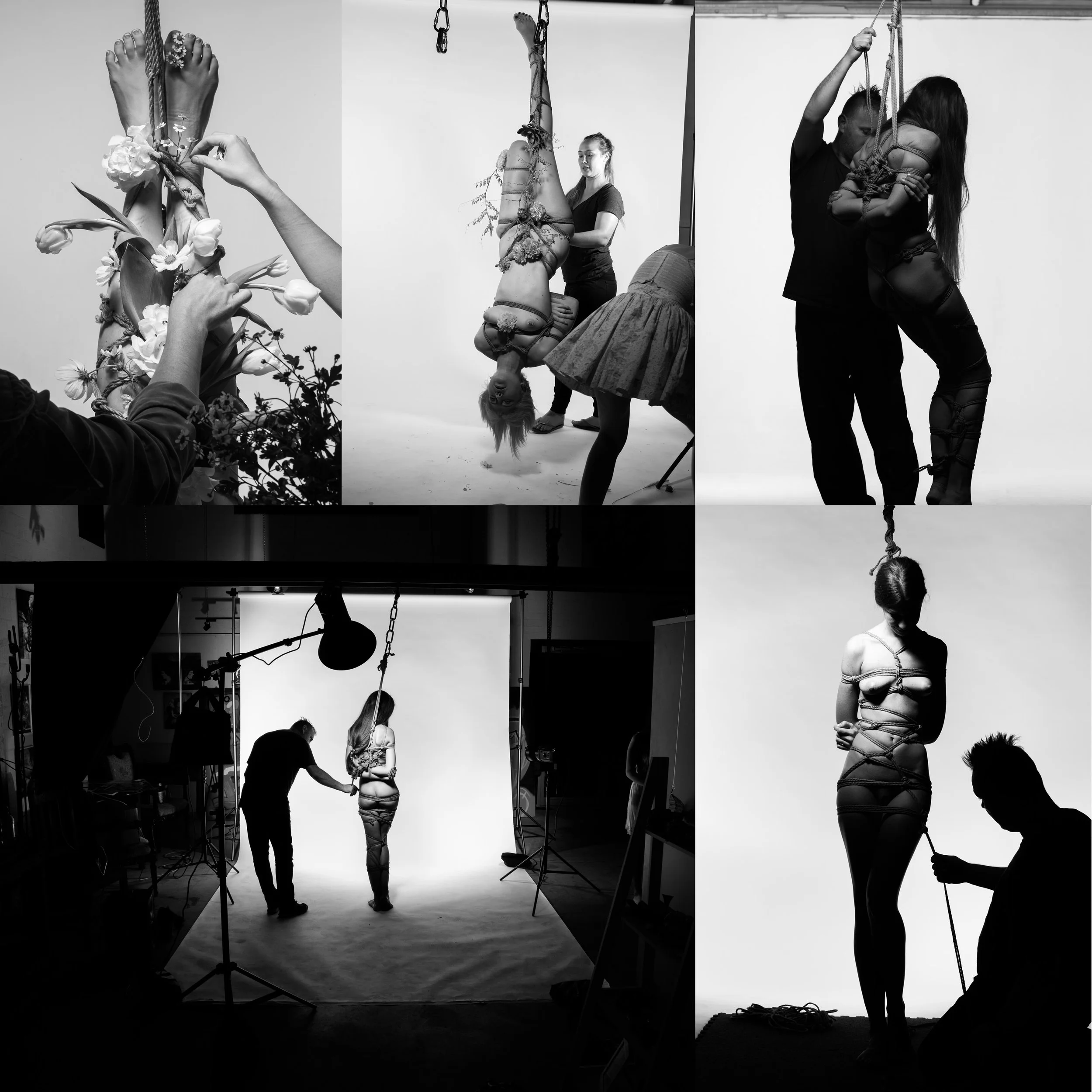 Series of black-and-white photos showing a photoshoot of a woman wrapped in ropes in various poses, with some images capturing her upside down and being helped by a photographer and assistants in a studio setting.