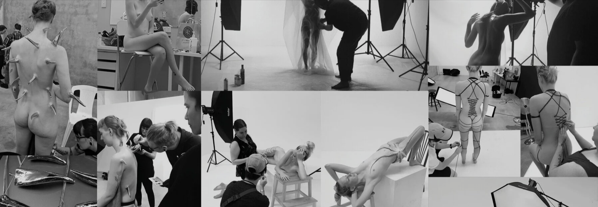 Collage of photos from a photoshoot or art installation featuring models with tape on their bodies, posing and being prepared by makeup artists, and photographers with studio equipment in a controlled studio environment.