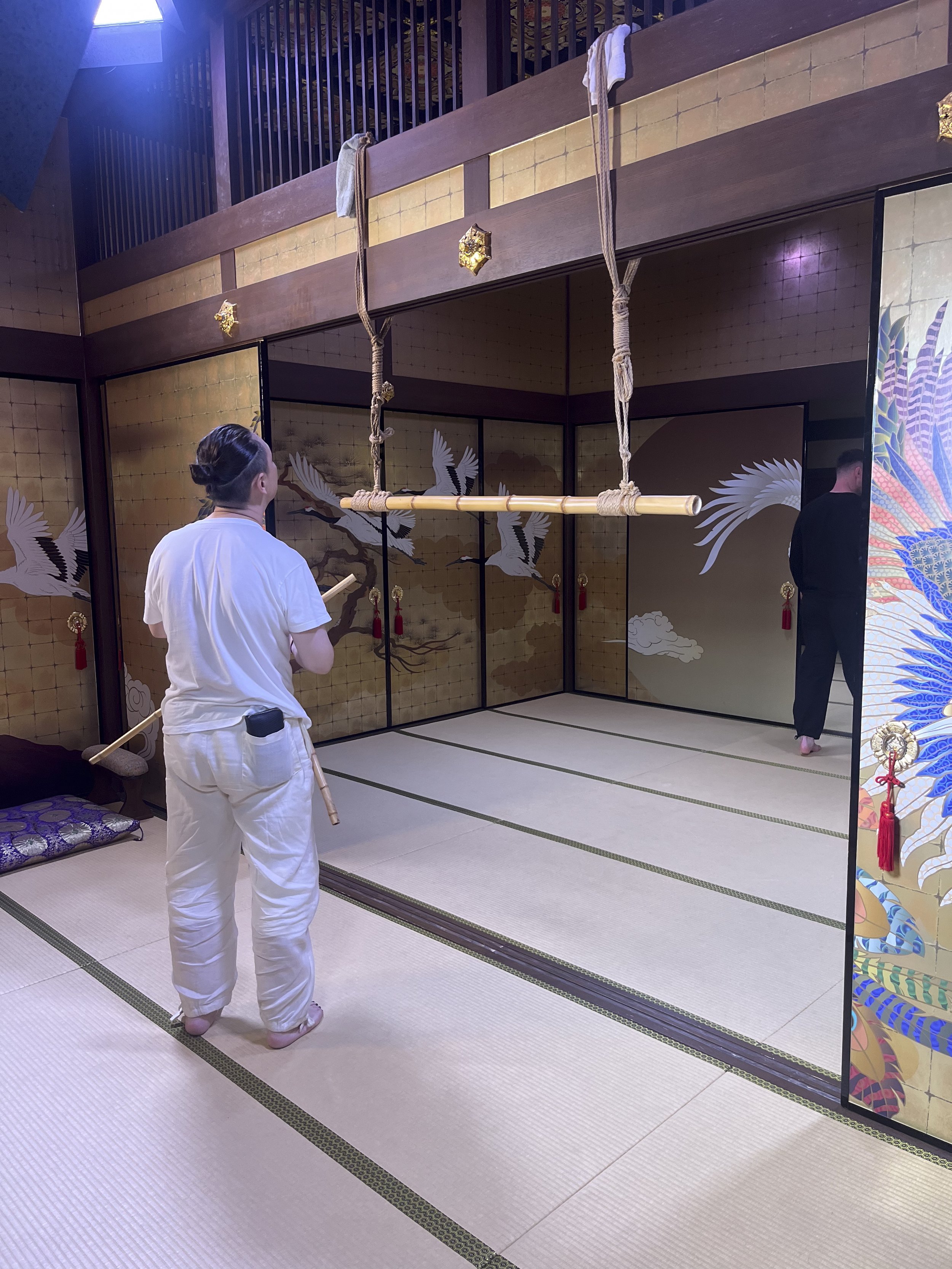Traditional Japanese room with tatami mats, featuring a bamboo hanging swing and a decorative folding screen with cranes and colorful designs.