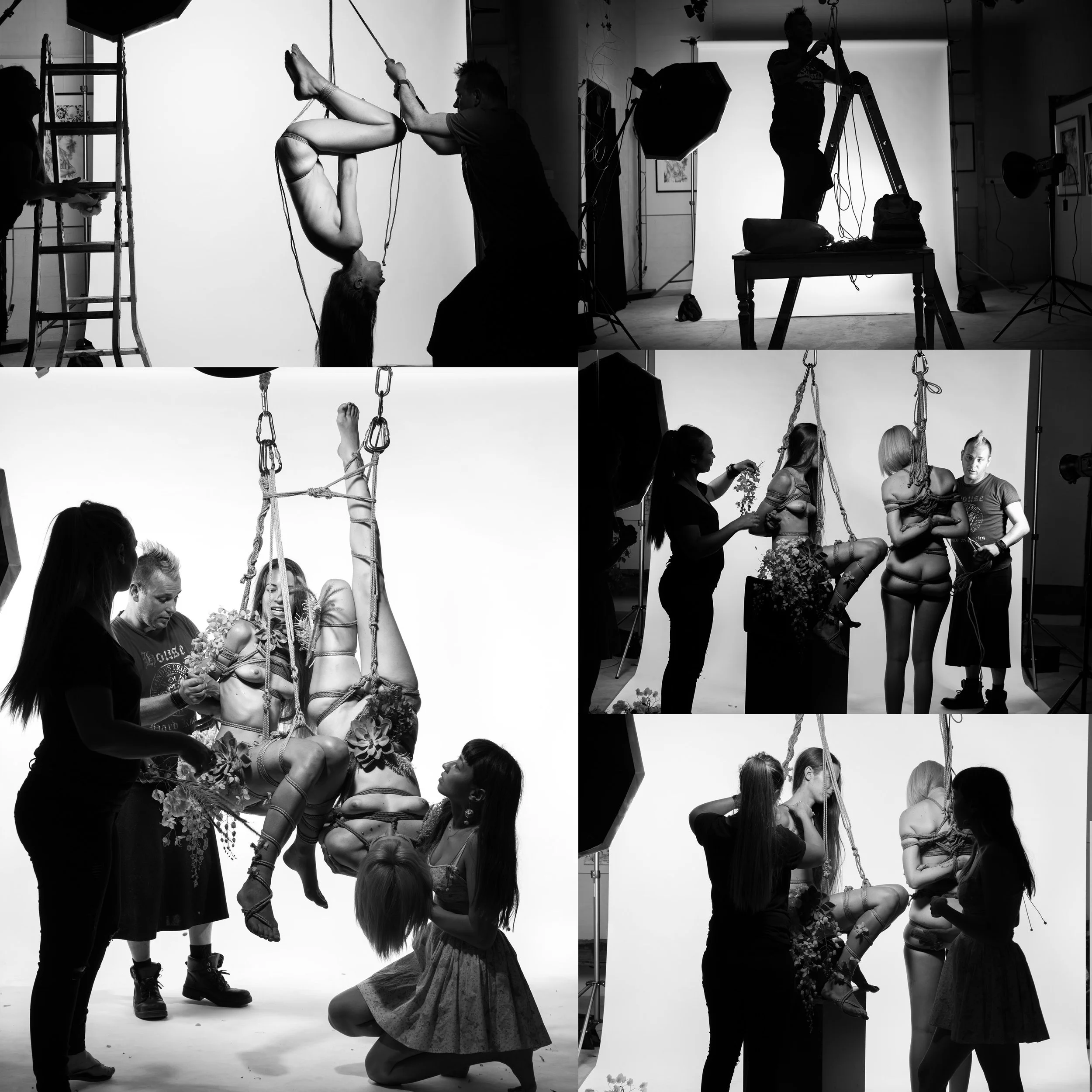 Behind-the-scenes black and white photos of a photoshoot involving a female model in bondage-style attire with flowers, on a white screen, with crew members adjusting and directing the shoot.