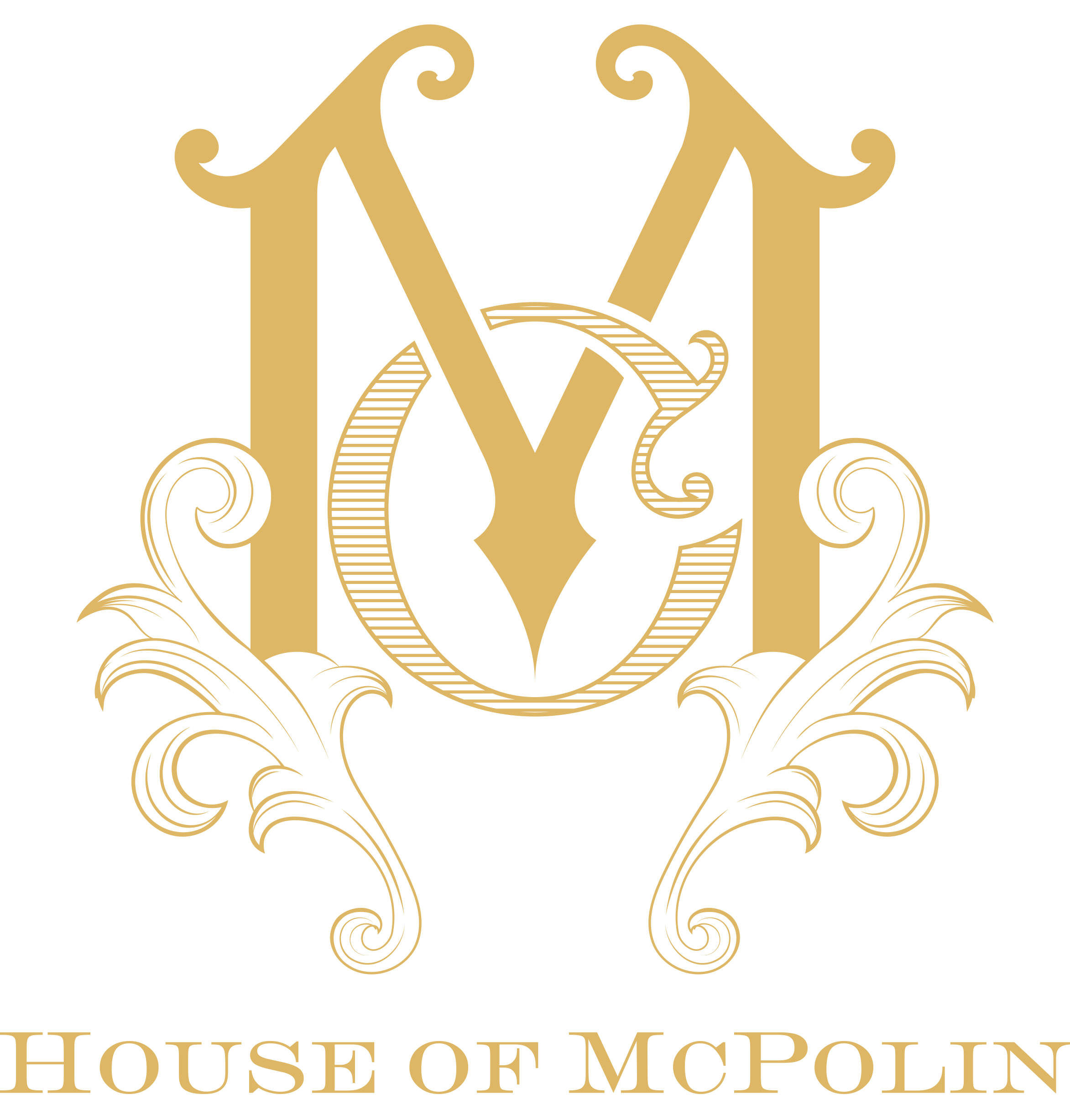 Gold ornate monogram of initials 'N V' with decorative flourishes, above the text 'House of McPolin' on a black background.