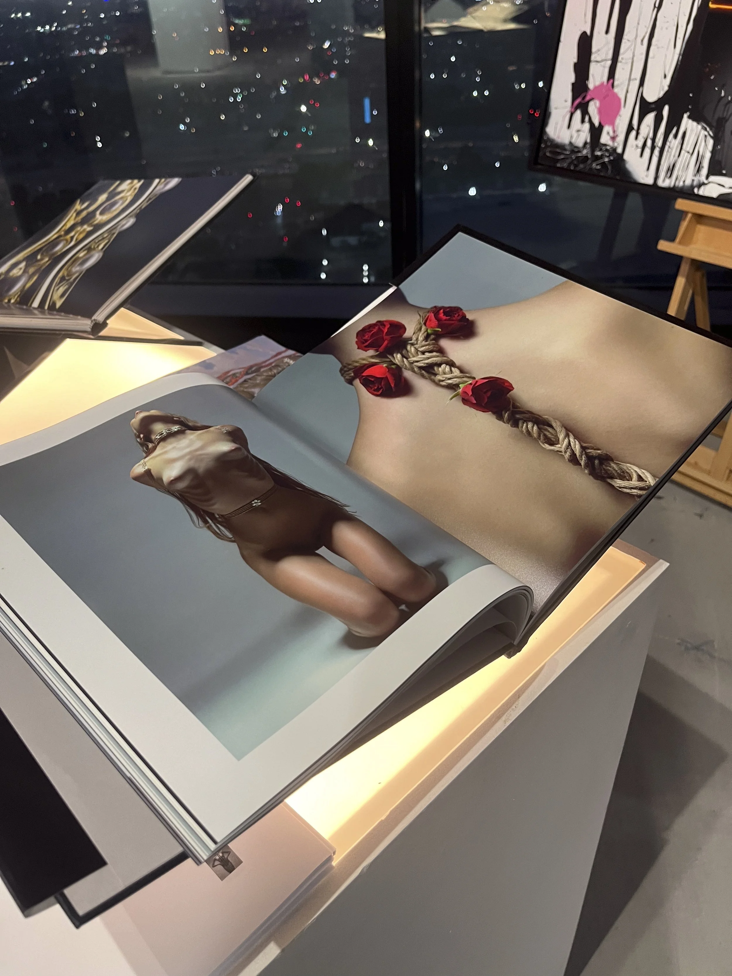 Open art book on a table displaying nude photographs and an art piece with red roses and braided rope against a light background.