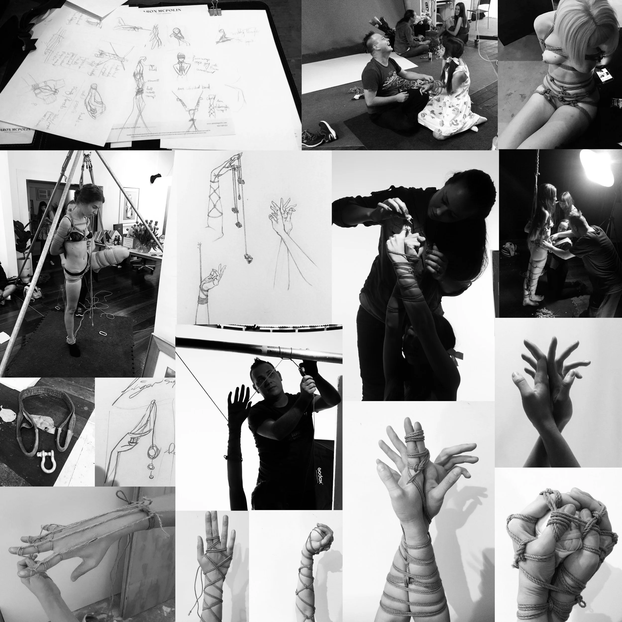 A collage of black-and-white photos depicting theater and performance arts activities, including script writing, costume fittings, rehearsals, and performers practicing with hand and body bindings using ropes.