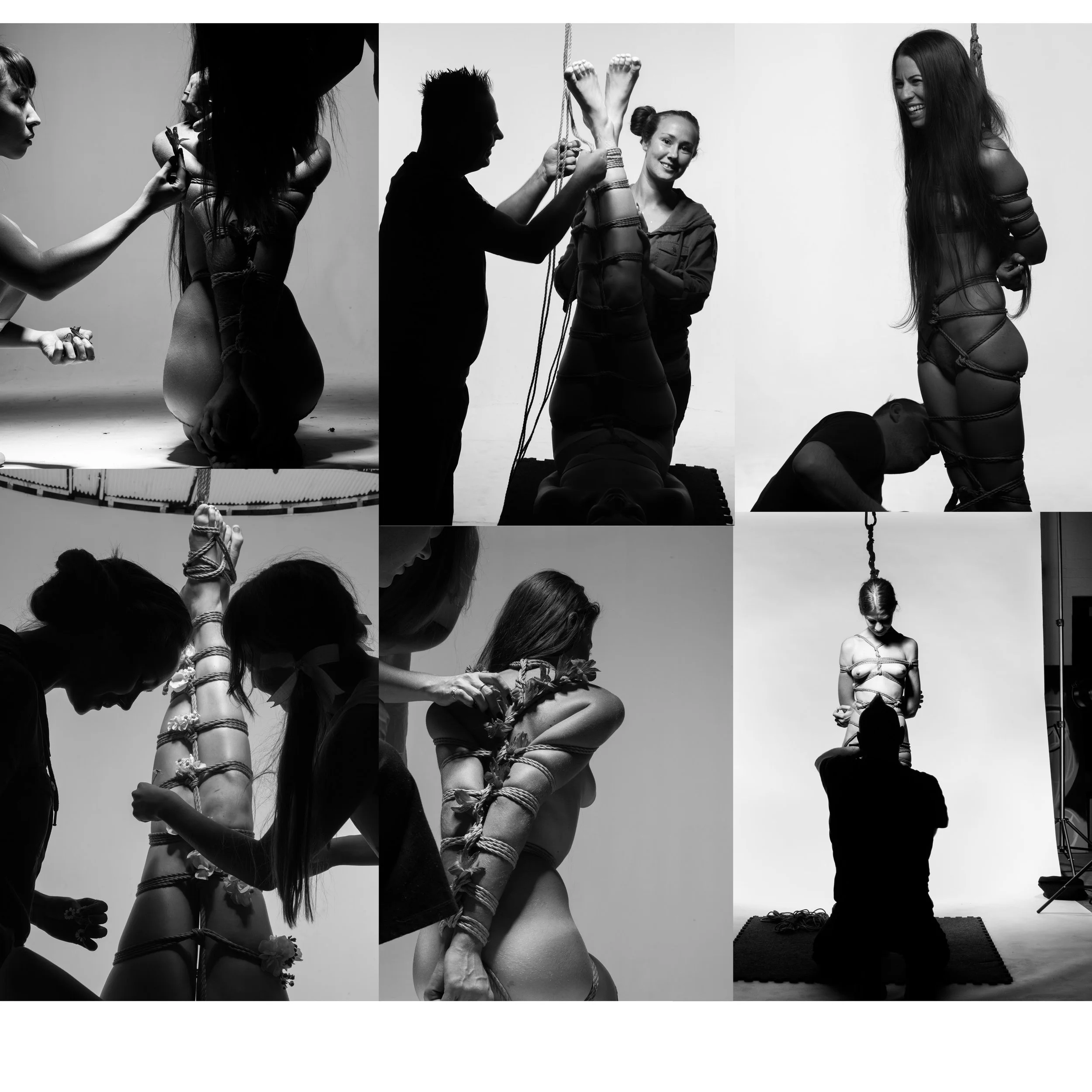 Black and white collage of women in various bondage poses and being tied up with ropes, with some women in submissive positions and others in assisting or adjusting the ropes.