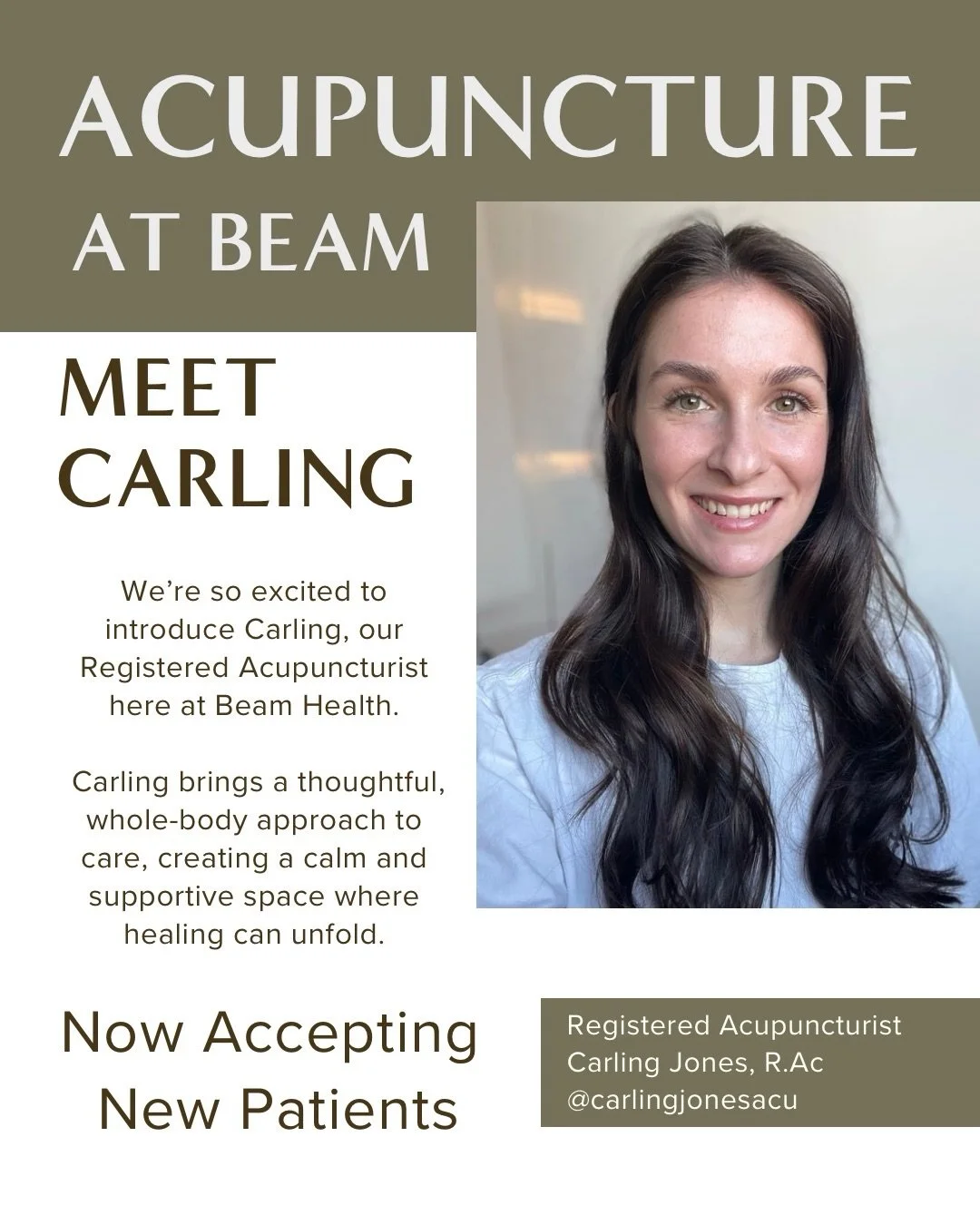 We&rsquo;re so happy to welcome Carling Jones, Registered Acupuncturist, to the Beam team ✨
Carling offers thoughtful, patient-centred acupuncture care that supports the nervous system, pain, mental health, digestion, women&rsquo;s health, fertility,