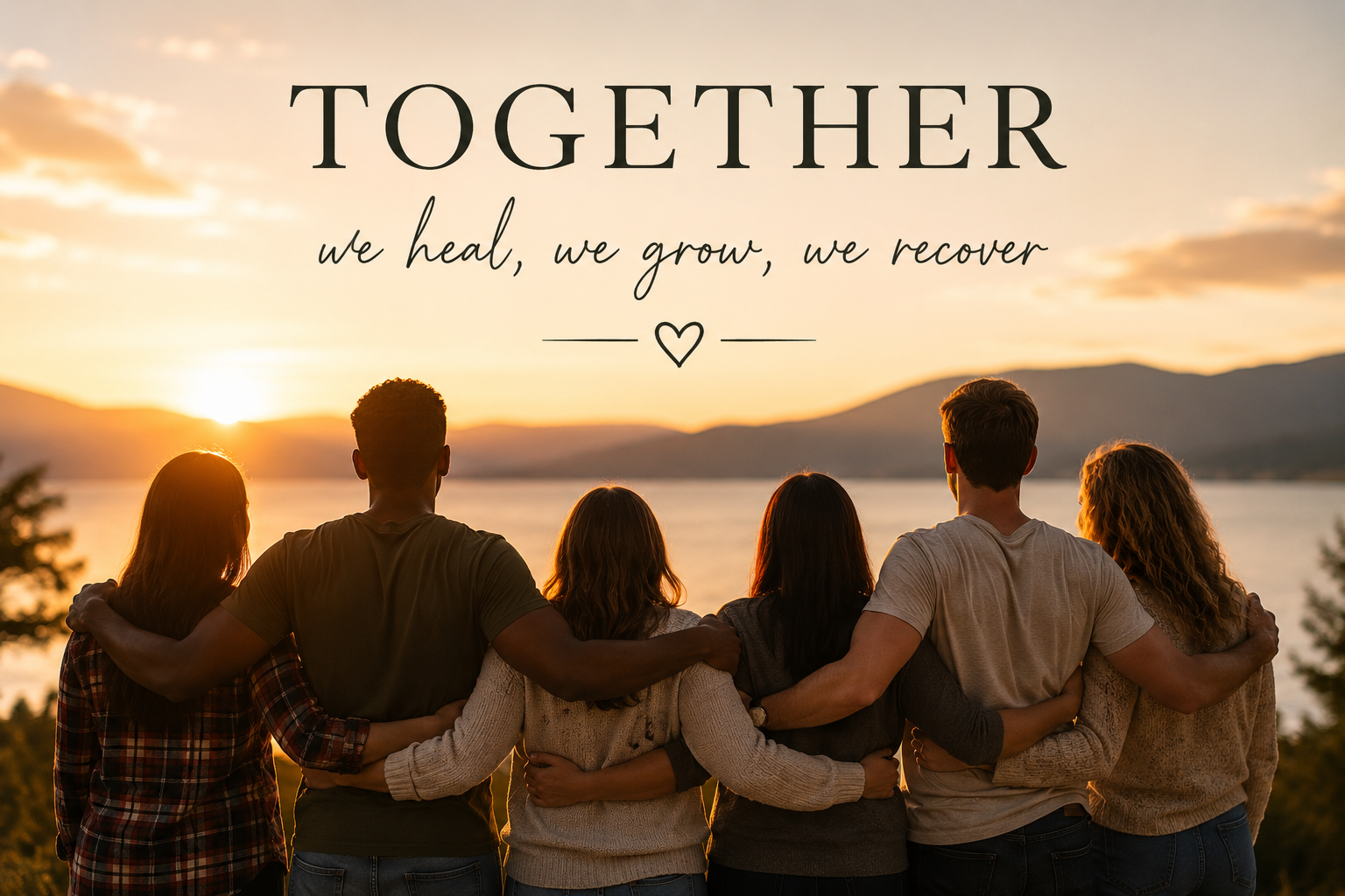 A group of six people standing with arms around each other, watching a sunset by a lake with mountains in the background, with overlay text about healing, growing, and recovering together.