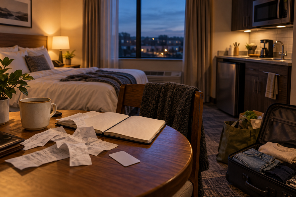 AI-generated illustration of extended-stay hotel living