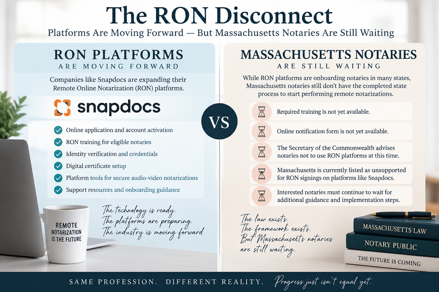 Comparison showing Remote Online Notarization platforms moving forward while Massachusetts notaries continue waiting for state RON training, notification, and implementation.