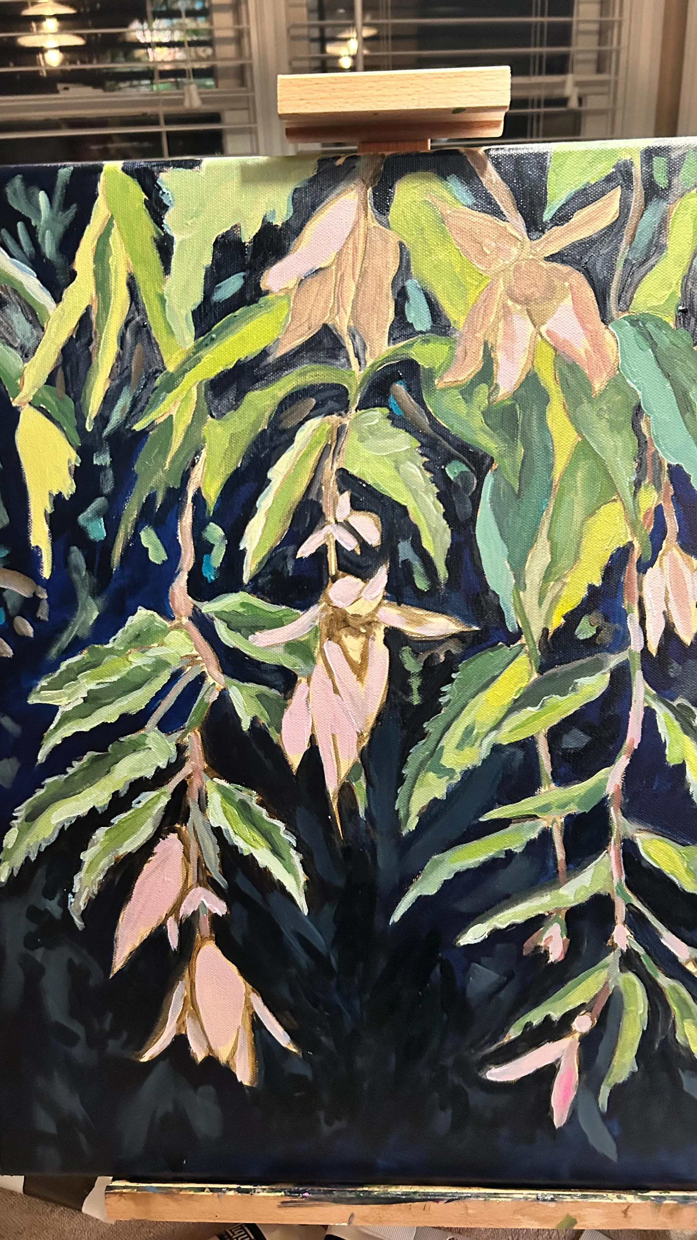 A couple shots of my current works in progress including this fun Begonia boliviensis I saw in Vermont last year. I’m a big plant nerd so I really enjoy painting plants and florals, plus I get to do something with my 392038934830 photos of plan
