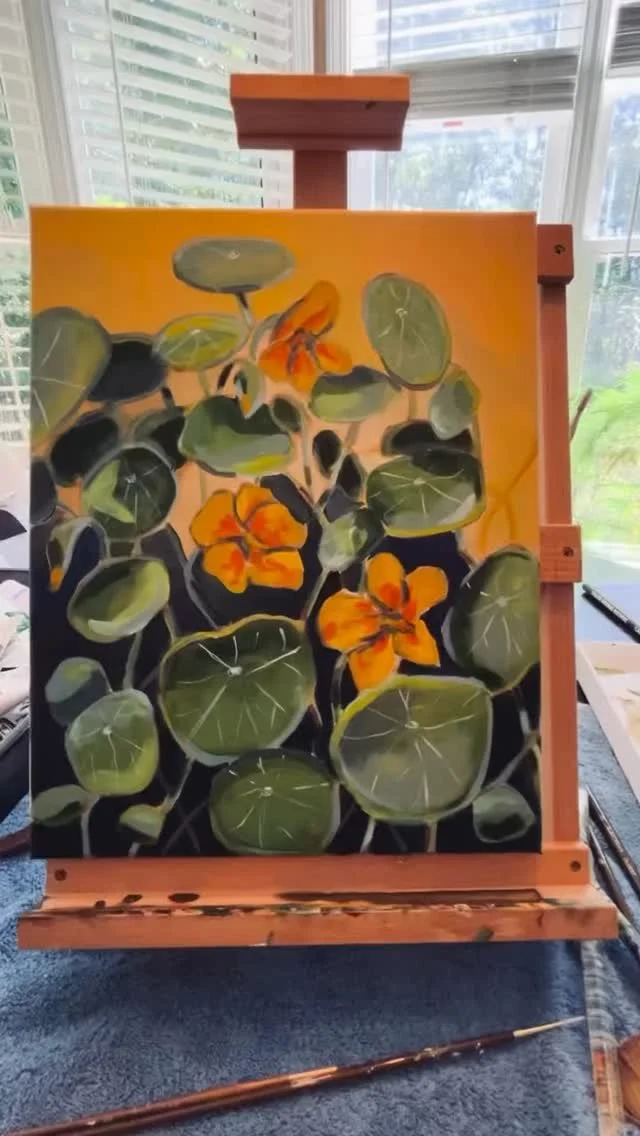 Here’s a peek into my process of creating these three paintings—lush nasturtiums, a dreamy water garden, and another coneflower. The water garden won’t look so crazy when it’s complete π€
Painting for me is about connection a