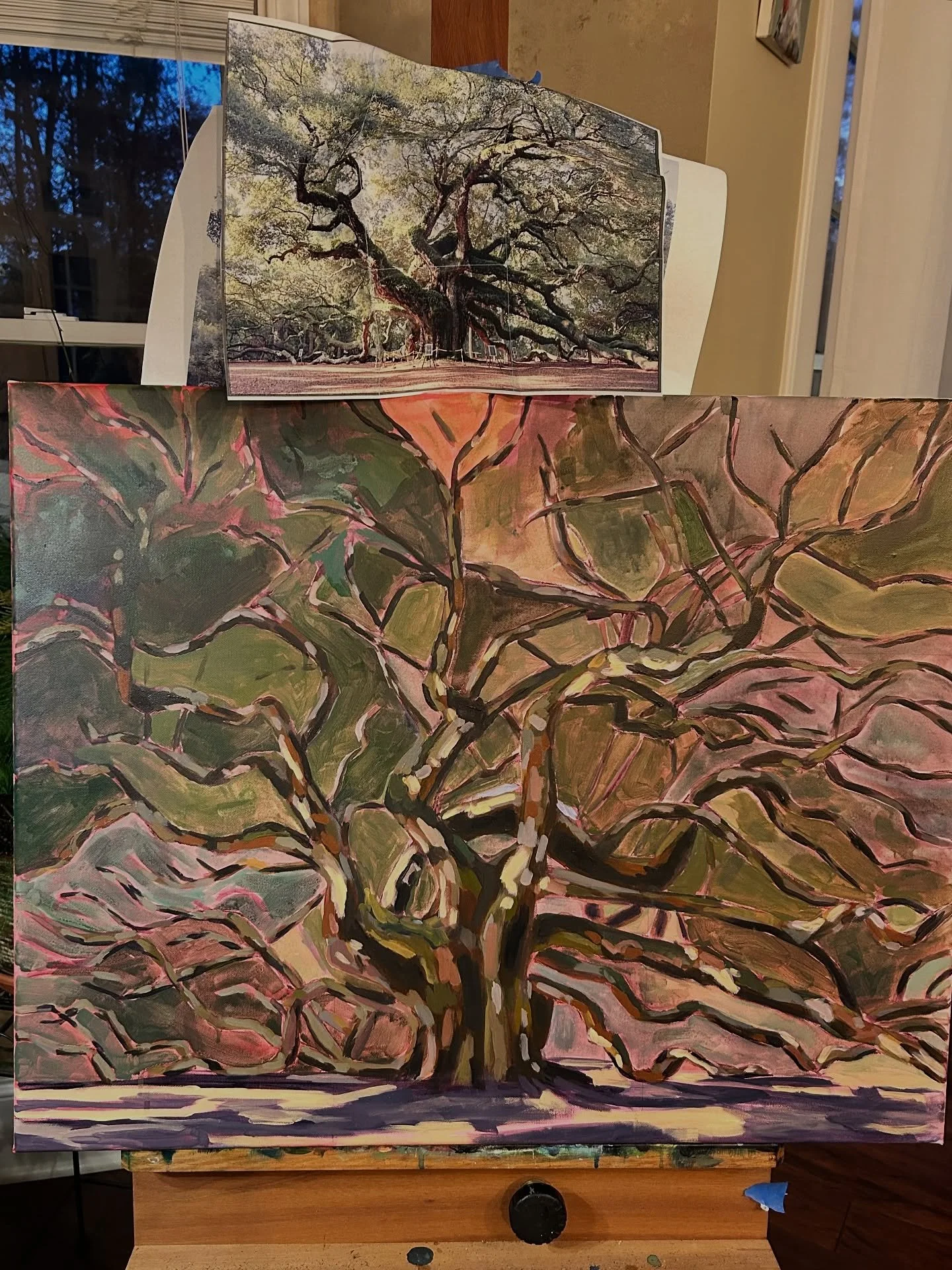 I&rsquo;ve been wanting to paint the Charleston #angeloak that I visited this year for some time but she is pretty complicated! This weeks #wip currently struggling with the #uglystage but I&rsquo;ll get there 🌳 oaks are my favorite trees 🌳 

#tree