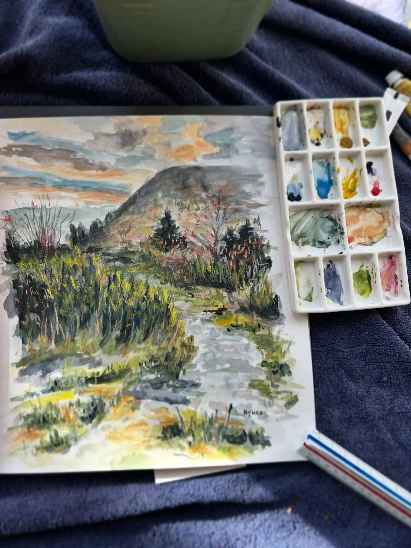 Playing around with watercolors and oil pastels ⛰️ 🎨  from more photos from Black Balsam trail because I am obsessed 🤩 

#watercolorlandscape #natureart #artisticexpression #dreamyscenery #colorfulbrushstrokes #tranquilscene #outdoorworldinspired #