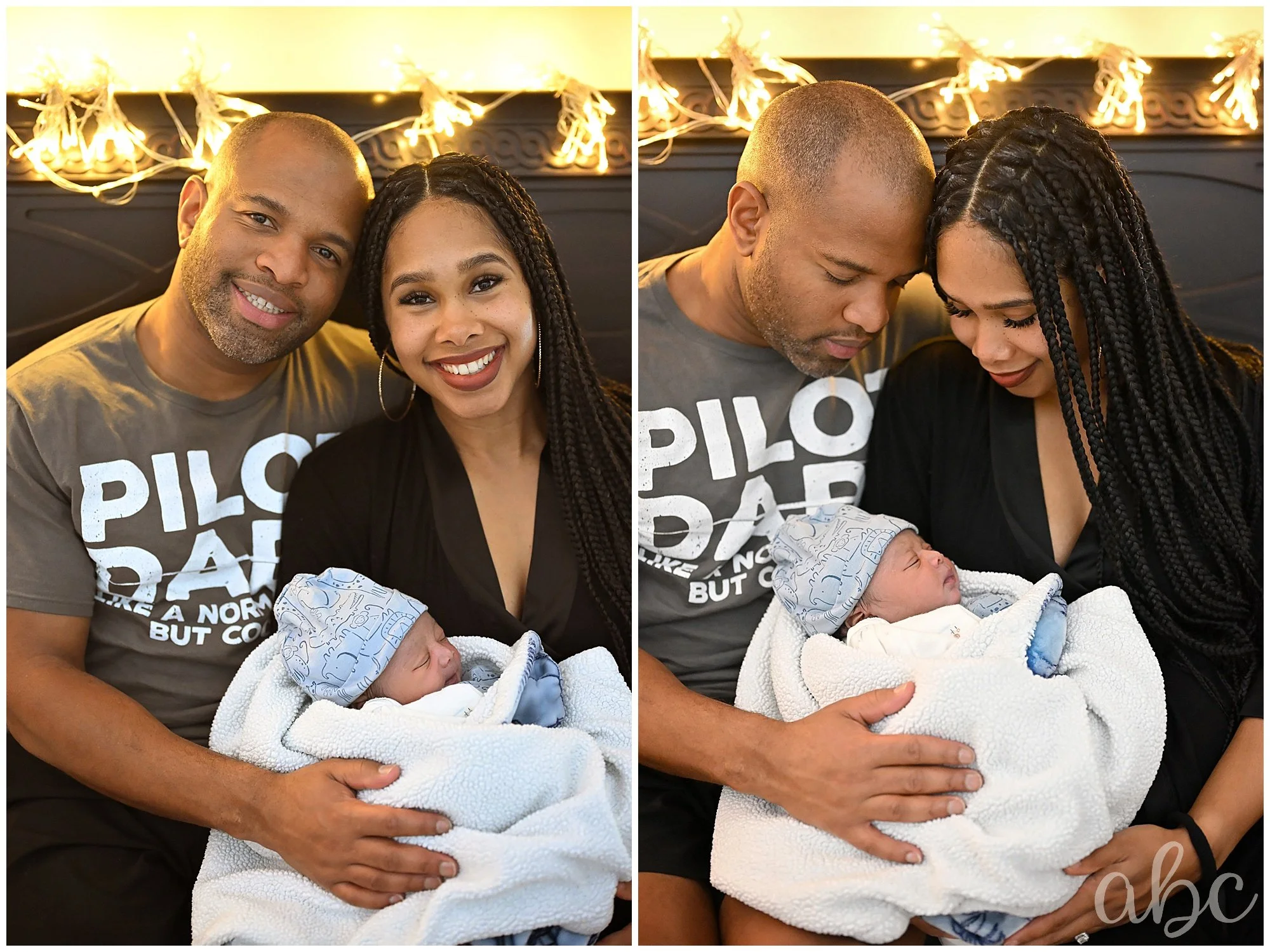 Couple is holding their new baby and smiling while Atlanta Doula Photographer takes photos